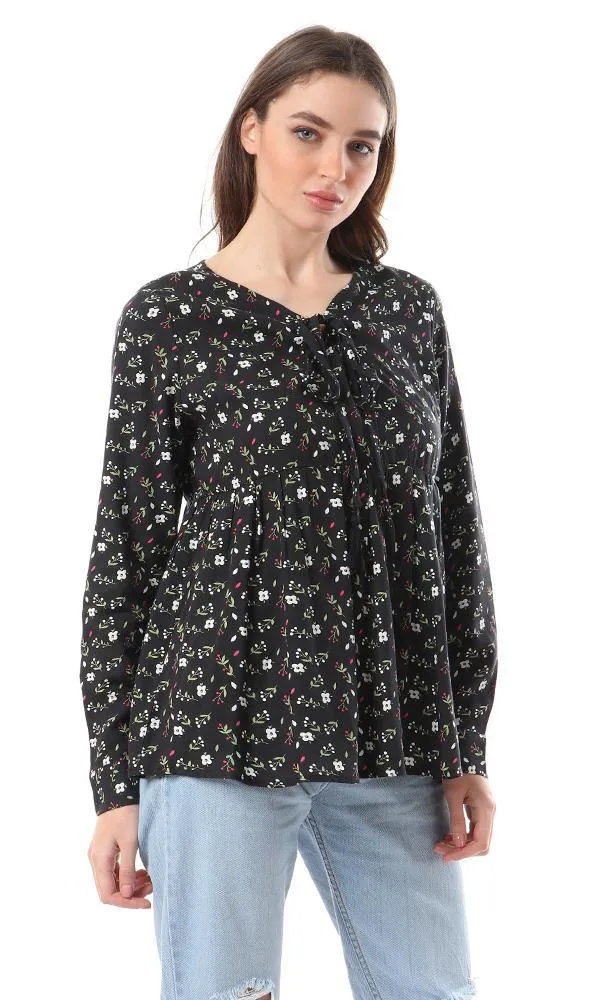 57066 Fluffy Long Sleeves Floral Black Blouse