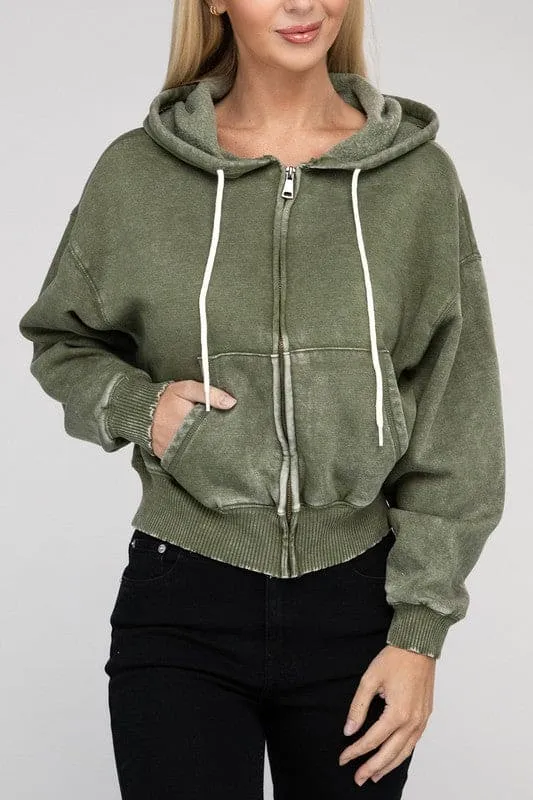 Acid Wash Fleece Zip-Up Hoodie