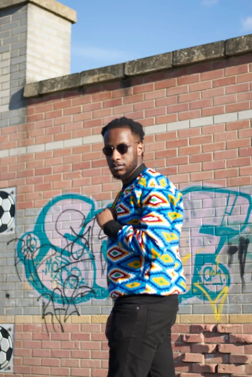 African Bomber Jacket In Blue Kente Print