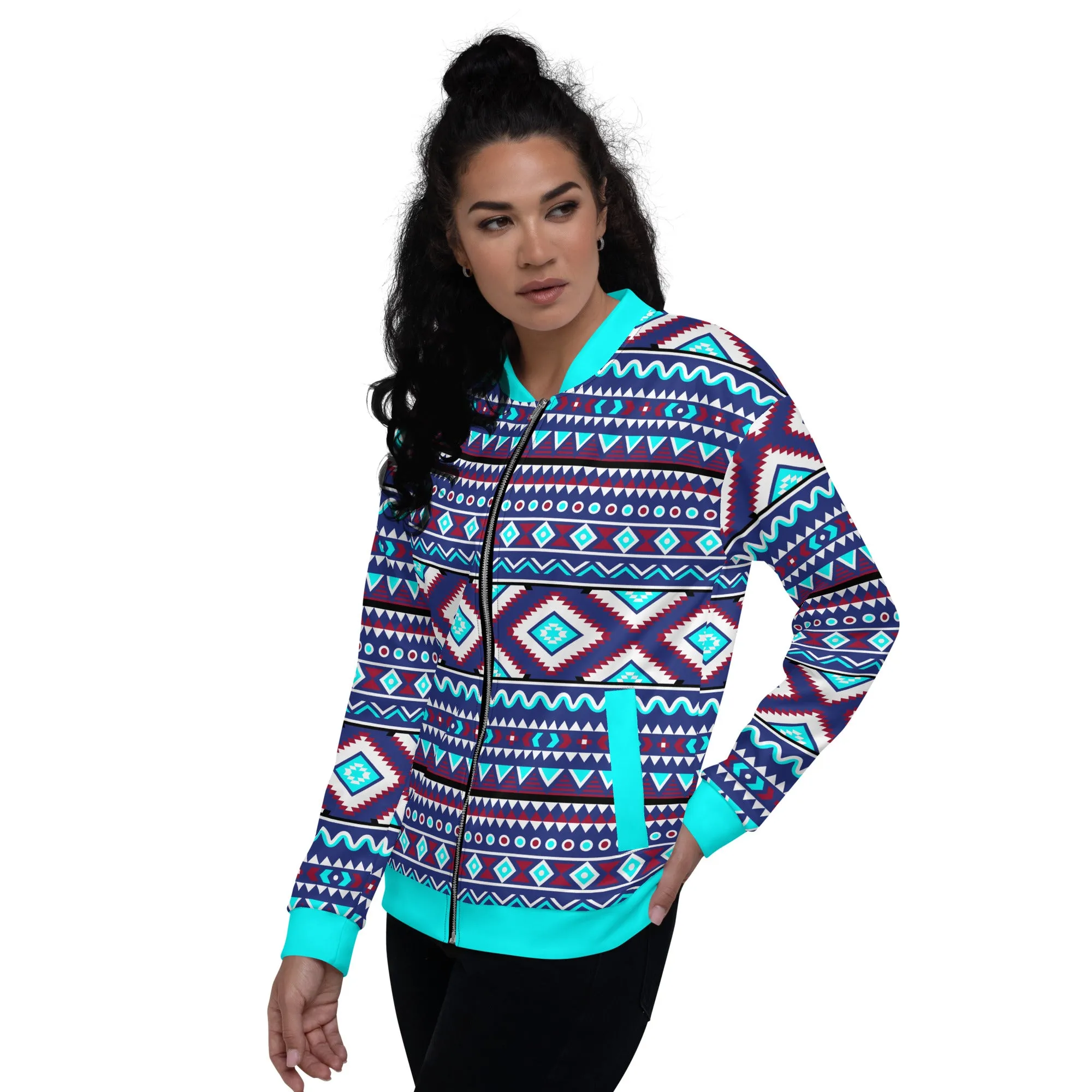 Aqua Aztec Unisex Bomber Jacket