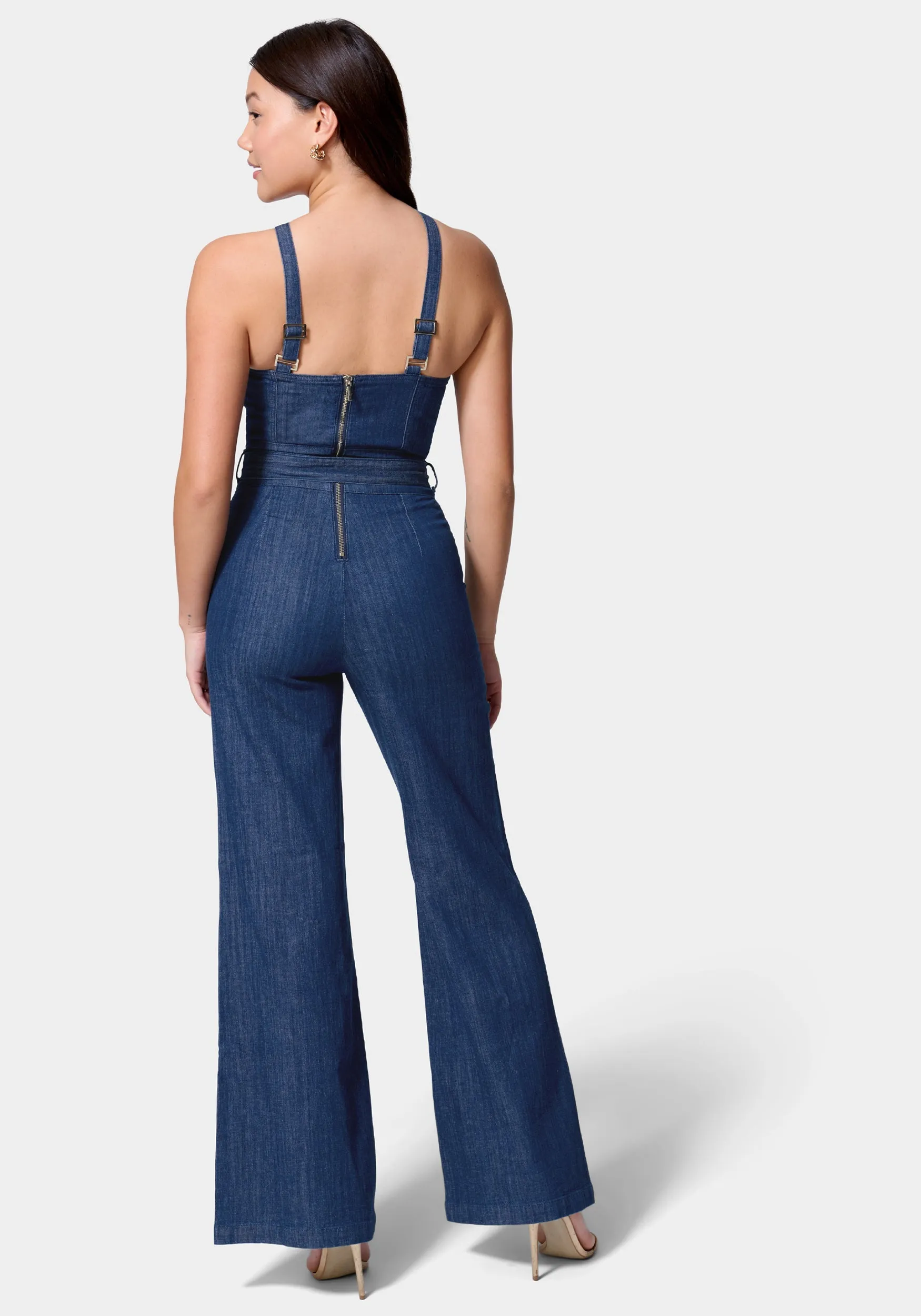 Asymmetric Neckline Wide Leg Lightweight Denim Jumpsuit