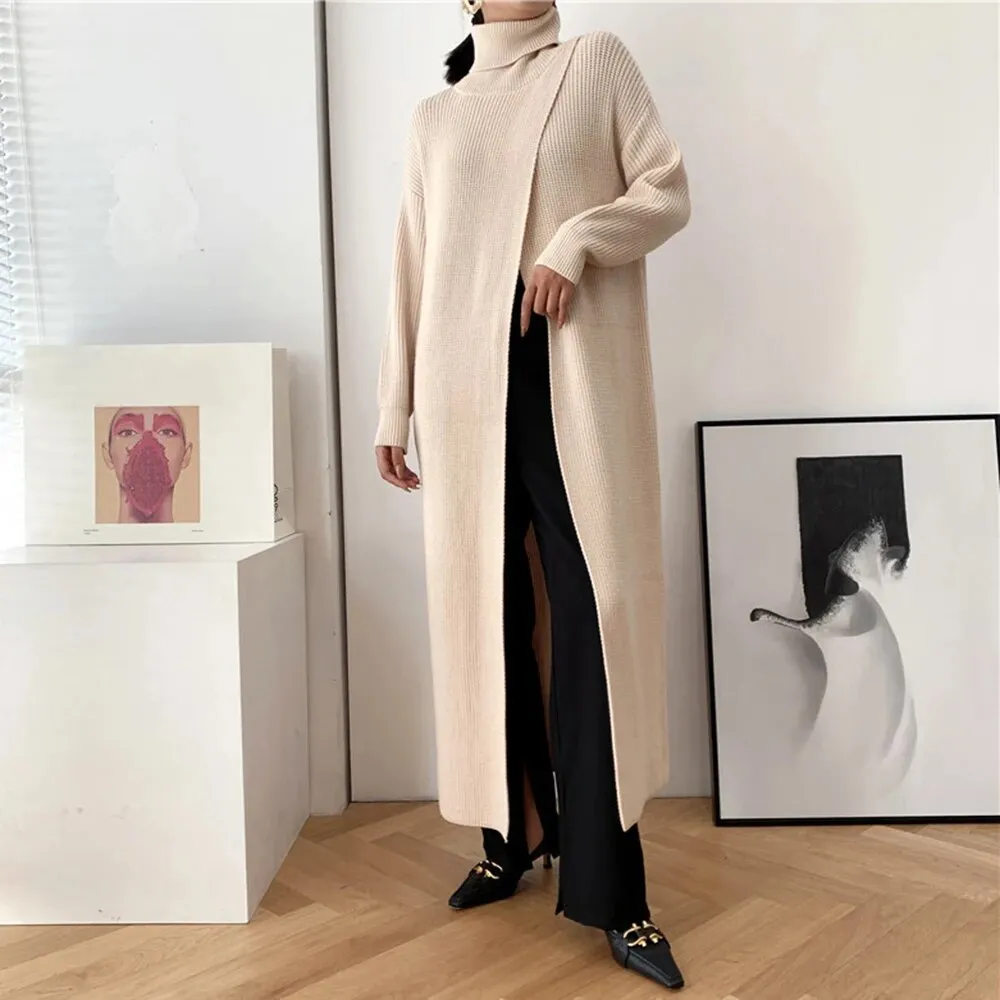 Asymmetrical Hem Sweater For Women Turtleneck Long Sleeve Irregular Loose Solid Knitting Sweaters Female Clothing