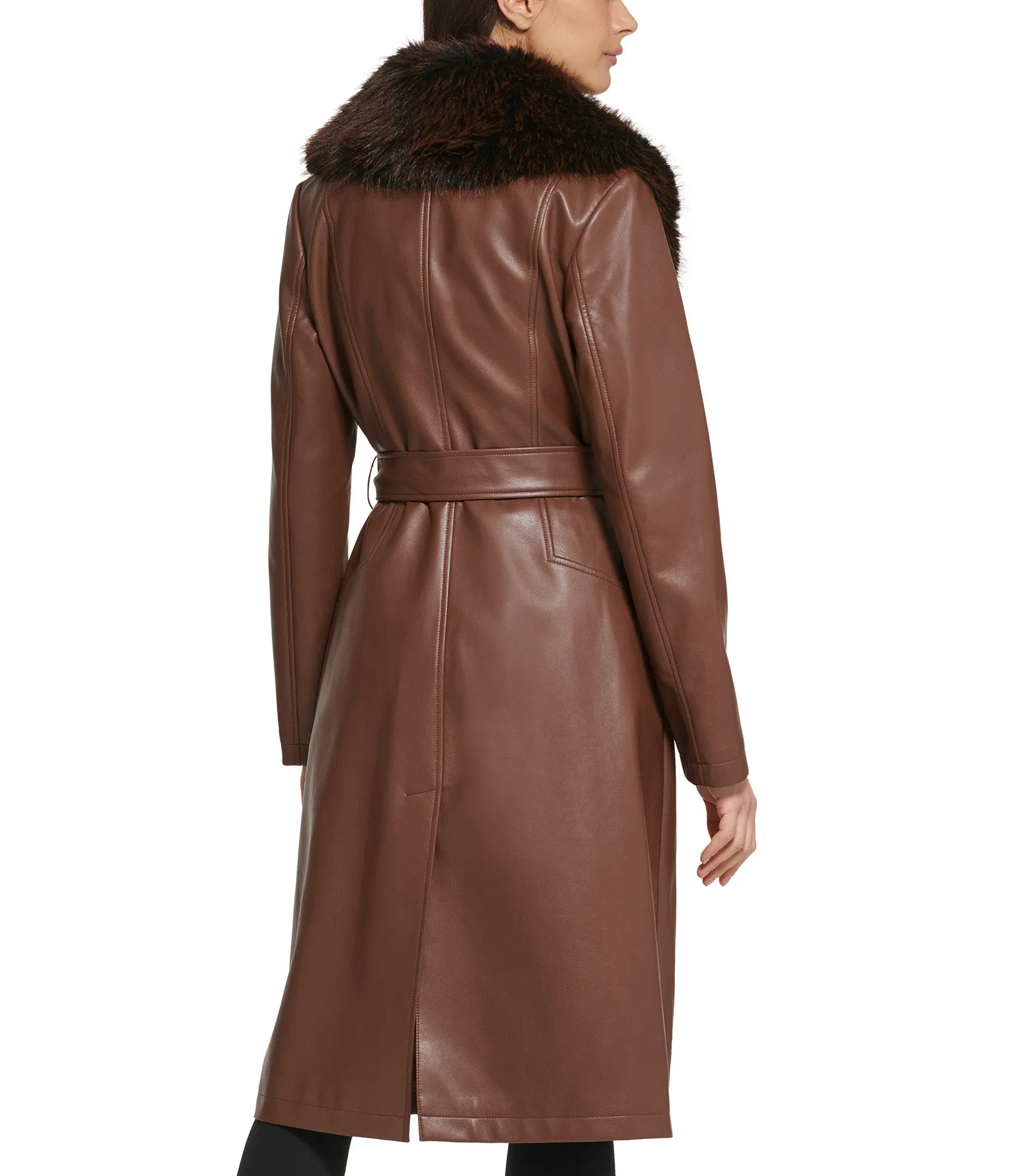 Belted Faux Leather Trench With faux fur shawl Collar