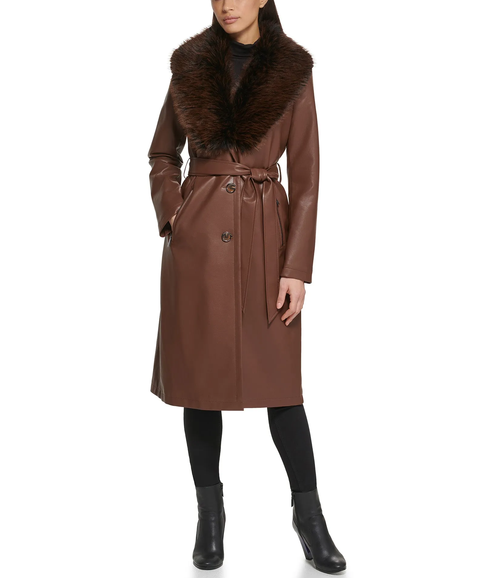 Belted Faux Leather Trench With faux fur shawl Collar