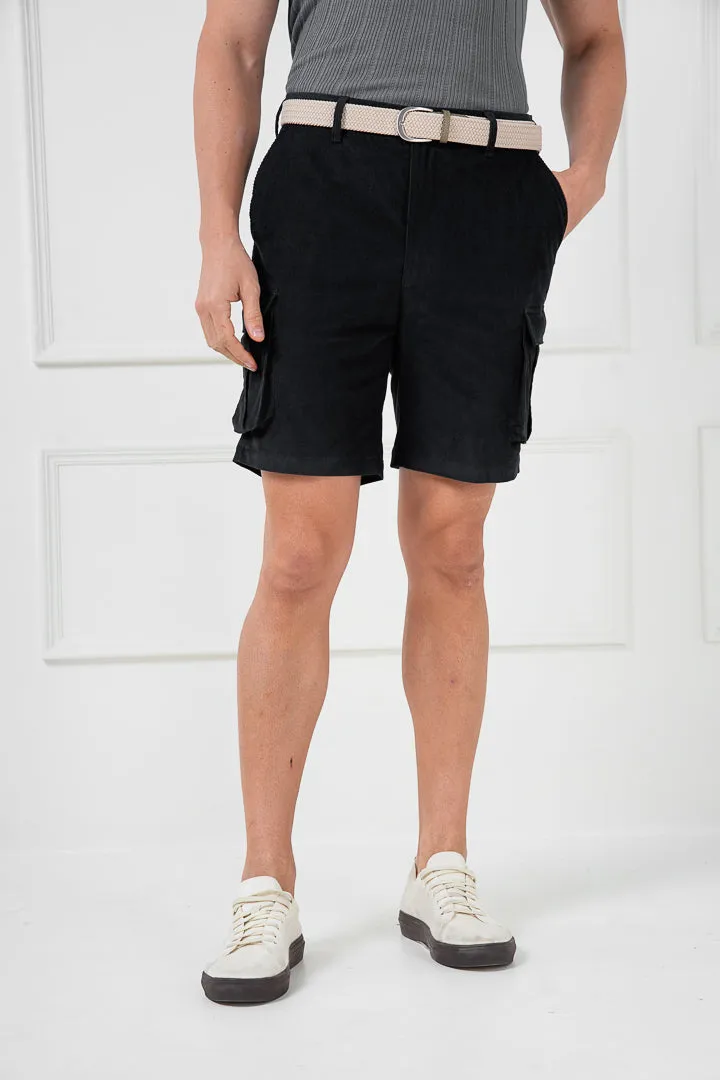 Black Corduroy Stretch Cargo Shorts