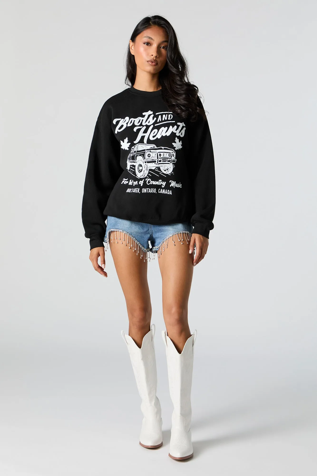 Boots and Hearts Graphic Black Fleece Sweatshirt