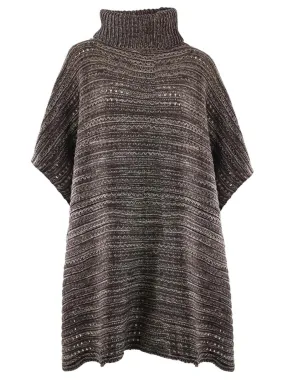 Brown Two-Tone Knit Turtleneck Poncho