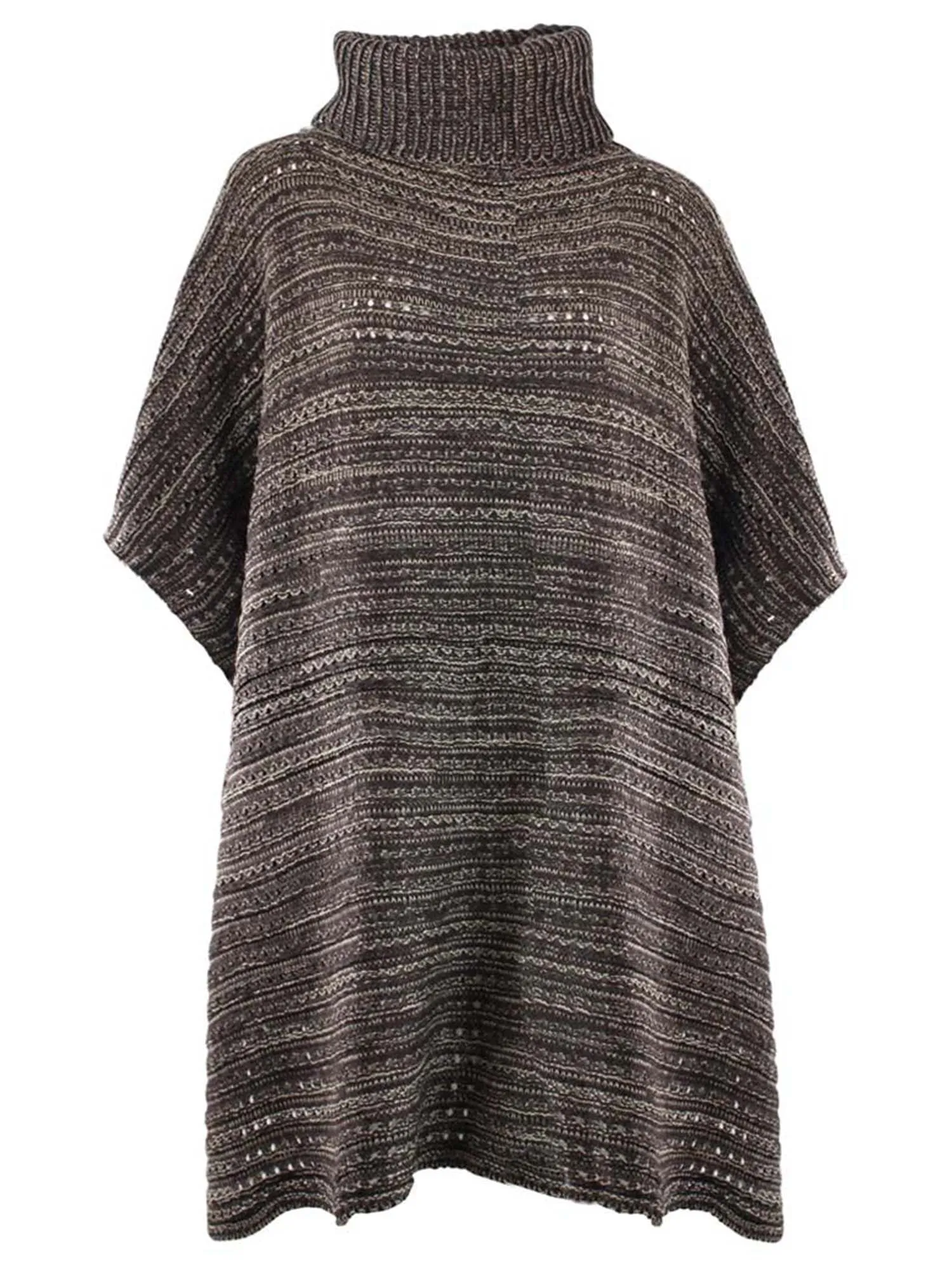 Brown Two-Tone Knit Turtleneck Poncho