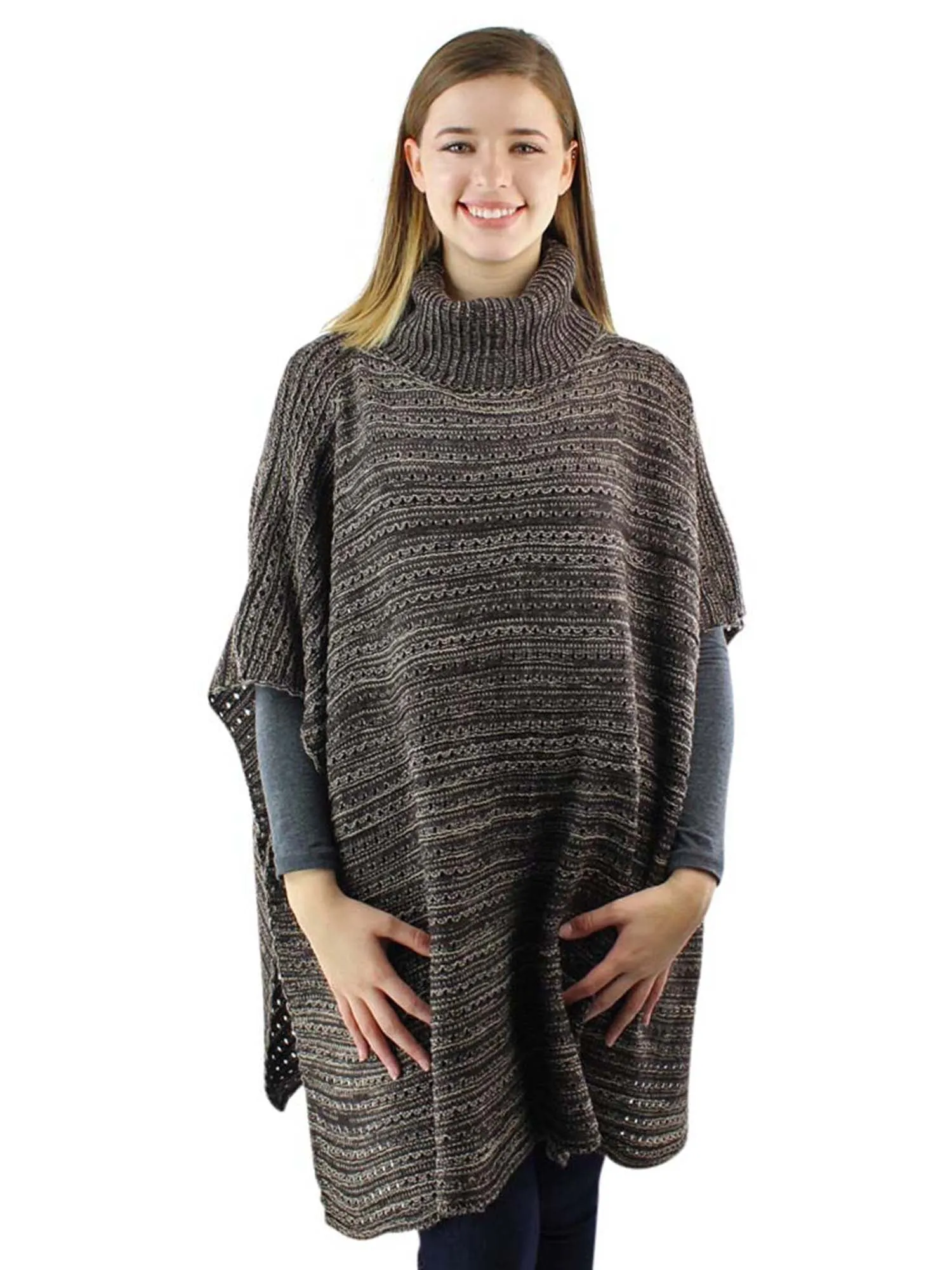 Brown Two-Tone Knit Turtleneck Poncho