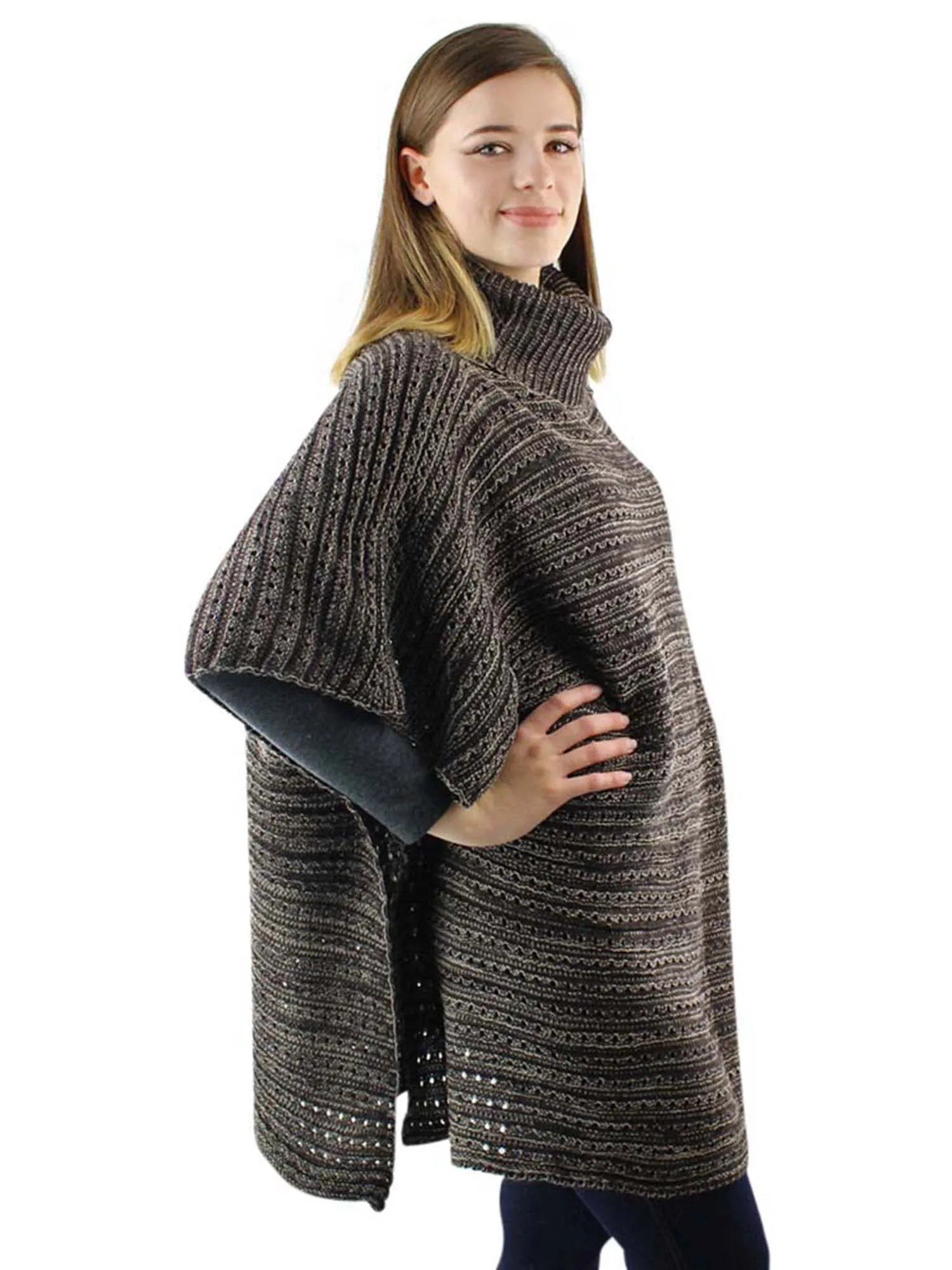 Brown Two-Tone Knit Turtleneck Poncho