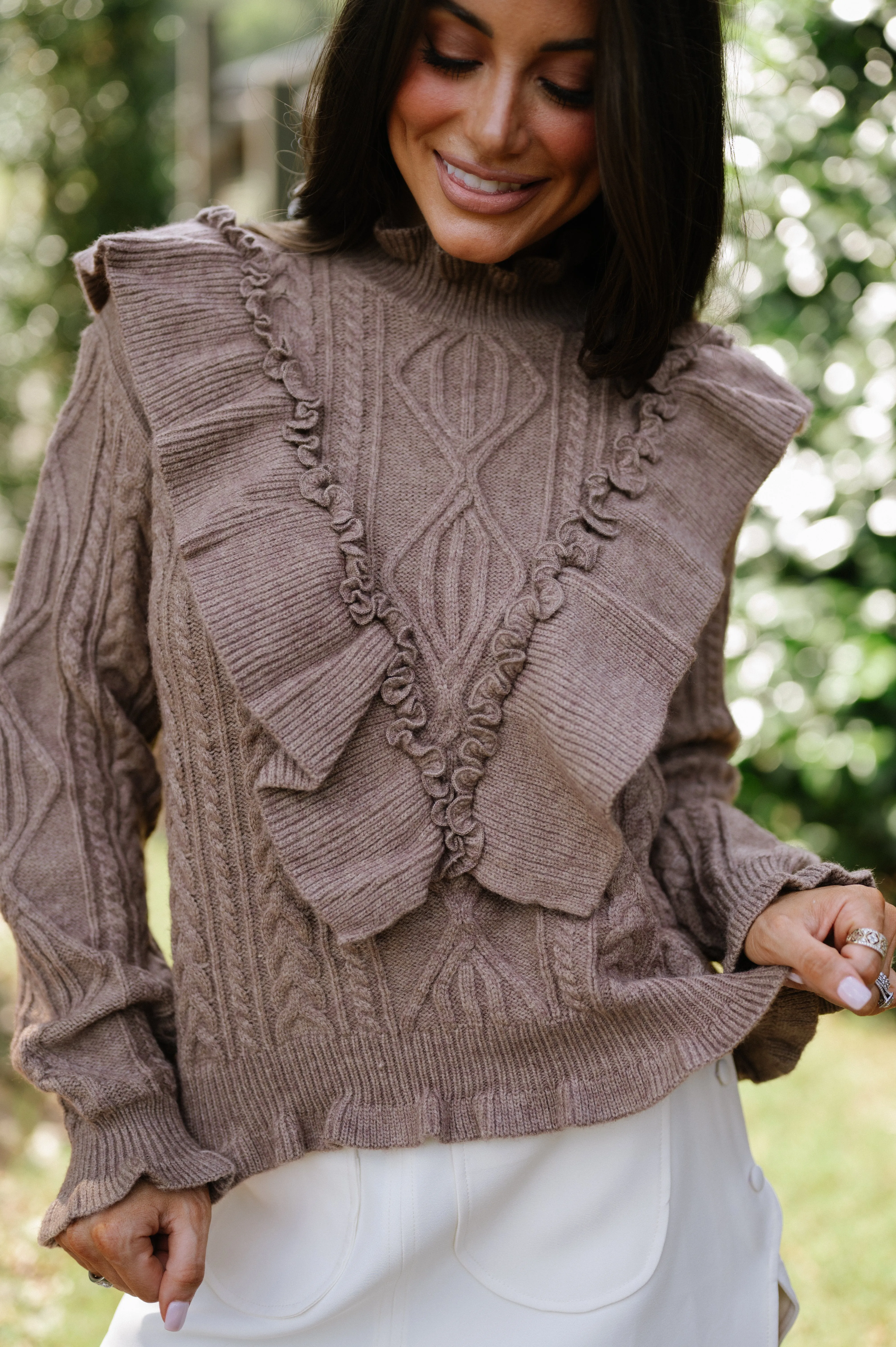 Cable Knit Ruffle Sweater-Brown