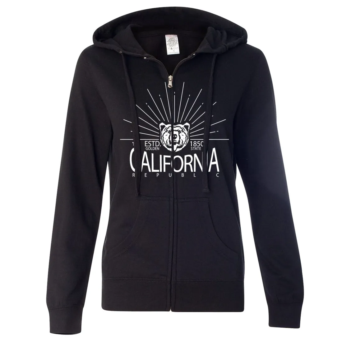 California Golden State White Print Ladies Lightweight Fitted Zip-Up Hoodie