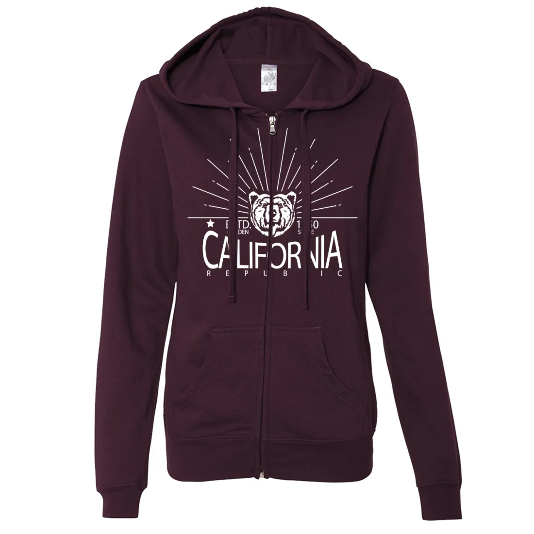 California Golden State White Print Ladies Lightweight Fitted Zip-Up Hoodie