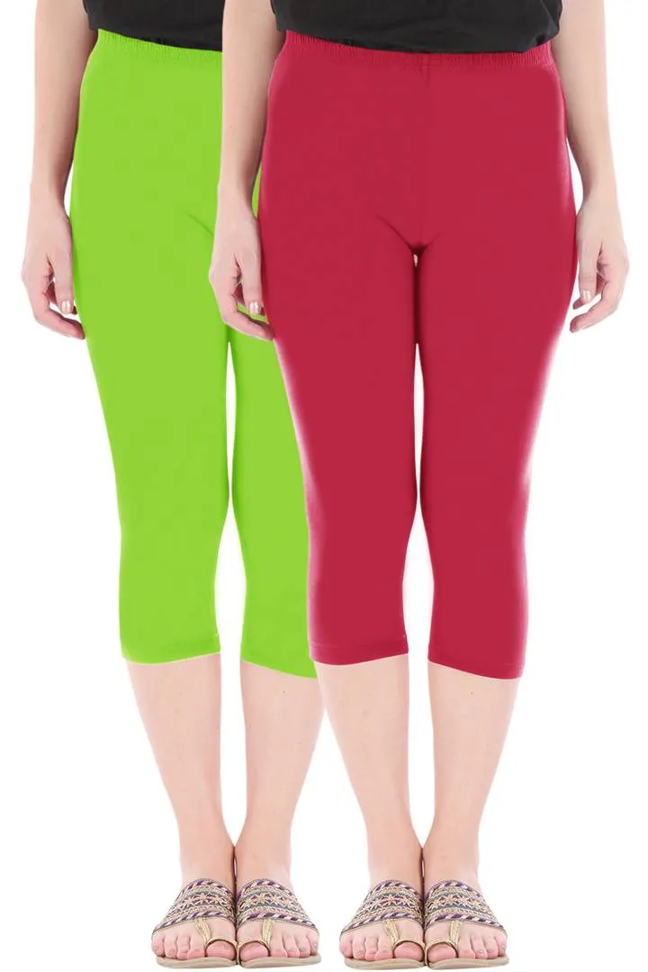 Combo Pack of 2 Skinny Fit 3/4 Capris Leggings for Women Merin Green Tomato Red