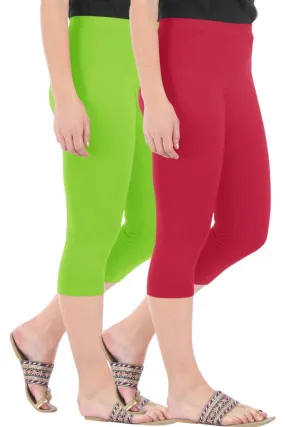 Combo Pack of 2 Skinny Fit 3/4 Capris Leggings for Women Merin Green Tomato Red