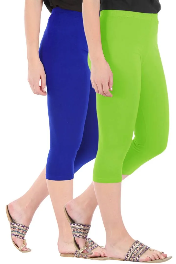 Combo Pack Of 2 Skinny Fit 3/4 Capris Leggings For Women Royal Blue Merin Green