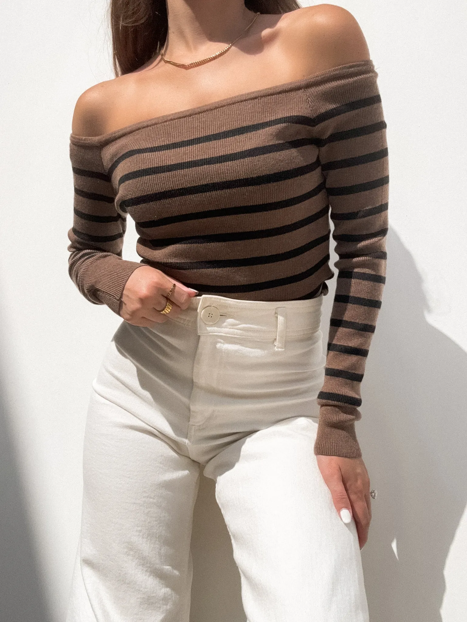 Cross The Line Stripe Knit Top in Mocha