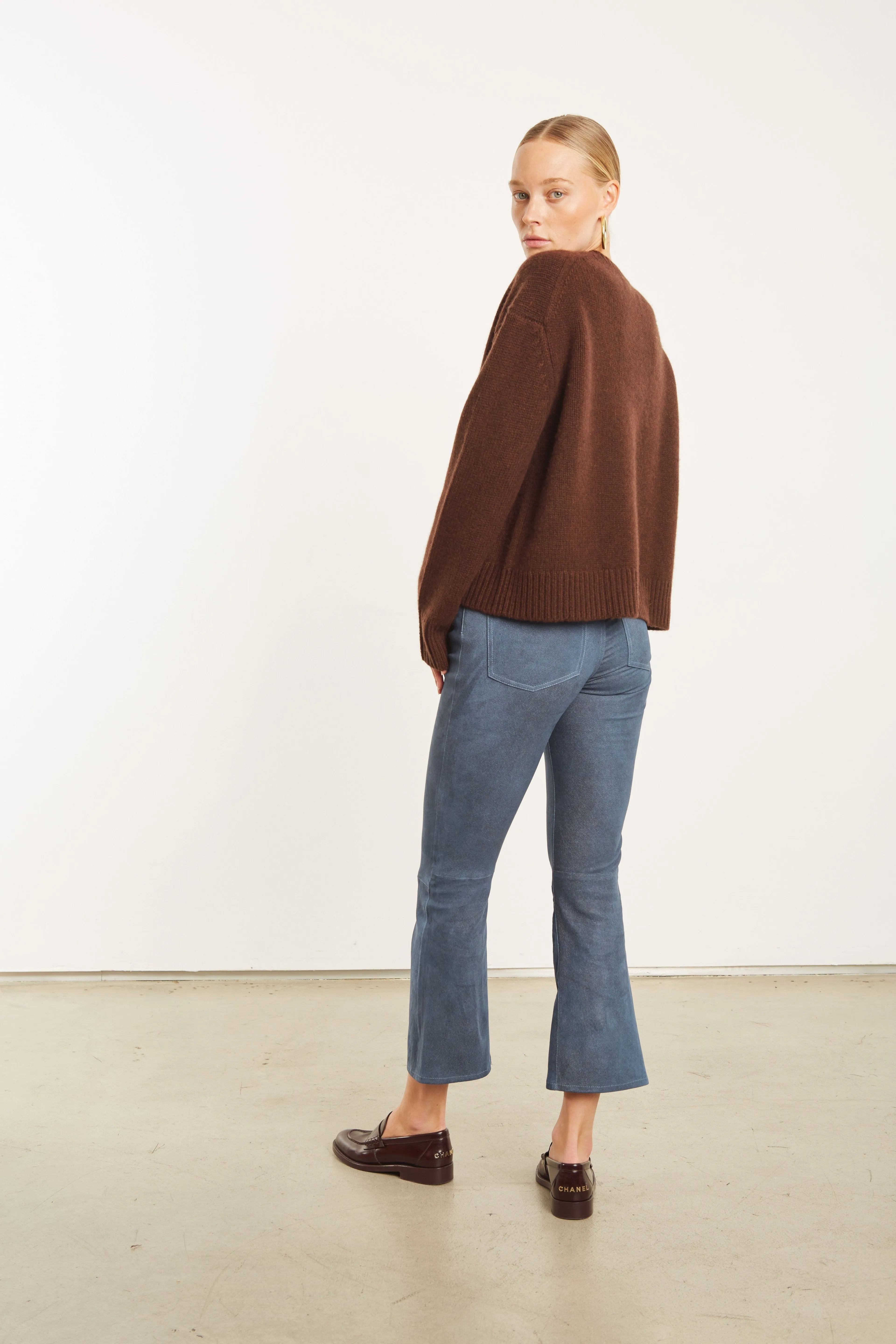 Denim Suede 5 Pocket Crop Flare Pants