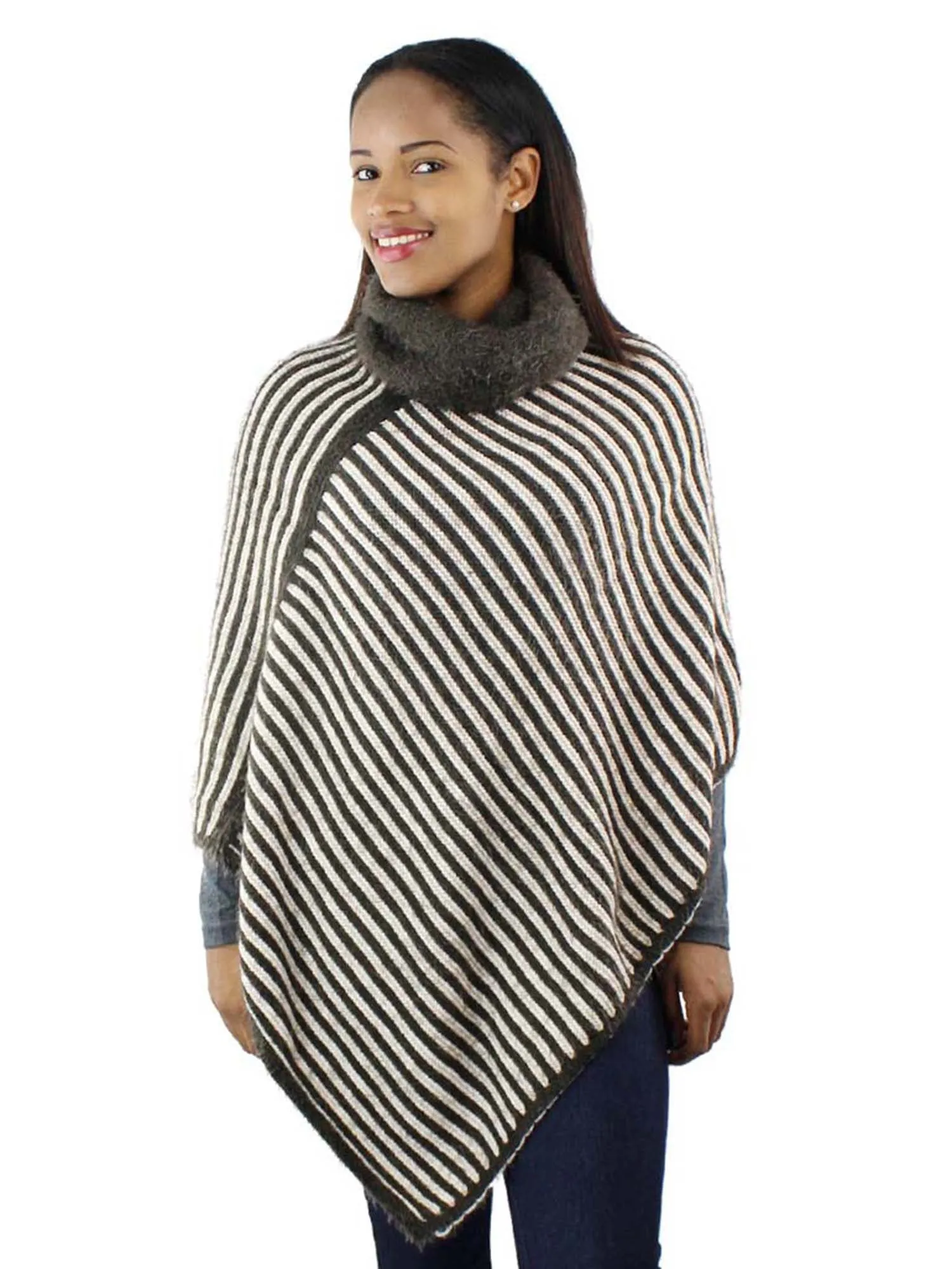 Diagonal Stripe Fuzzy Knit Turtleneck Poncho