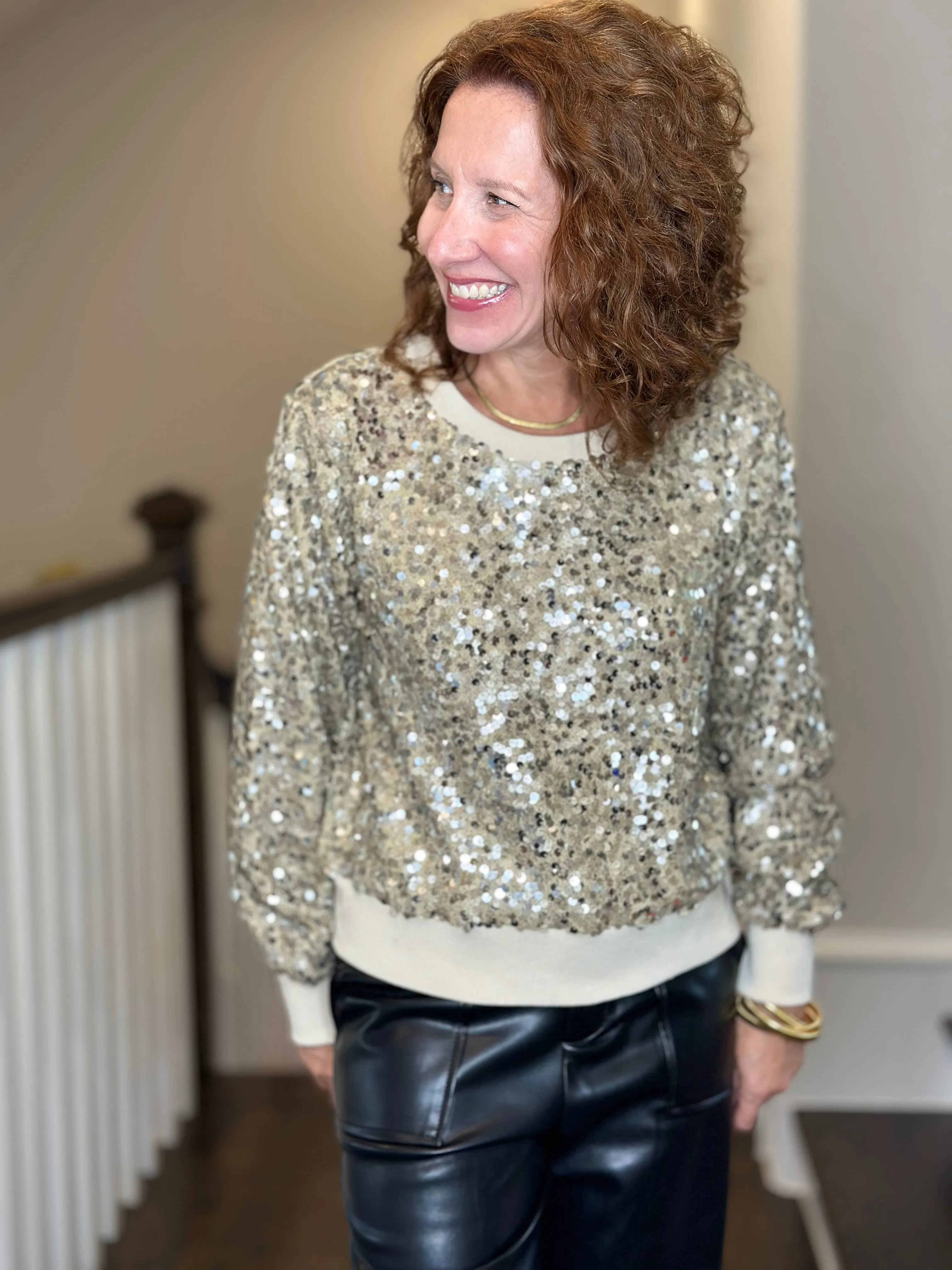 Dylan Paillette Sequin Sweatshirt in Oatmeal