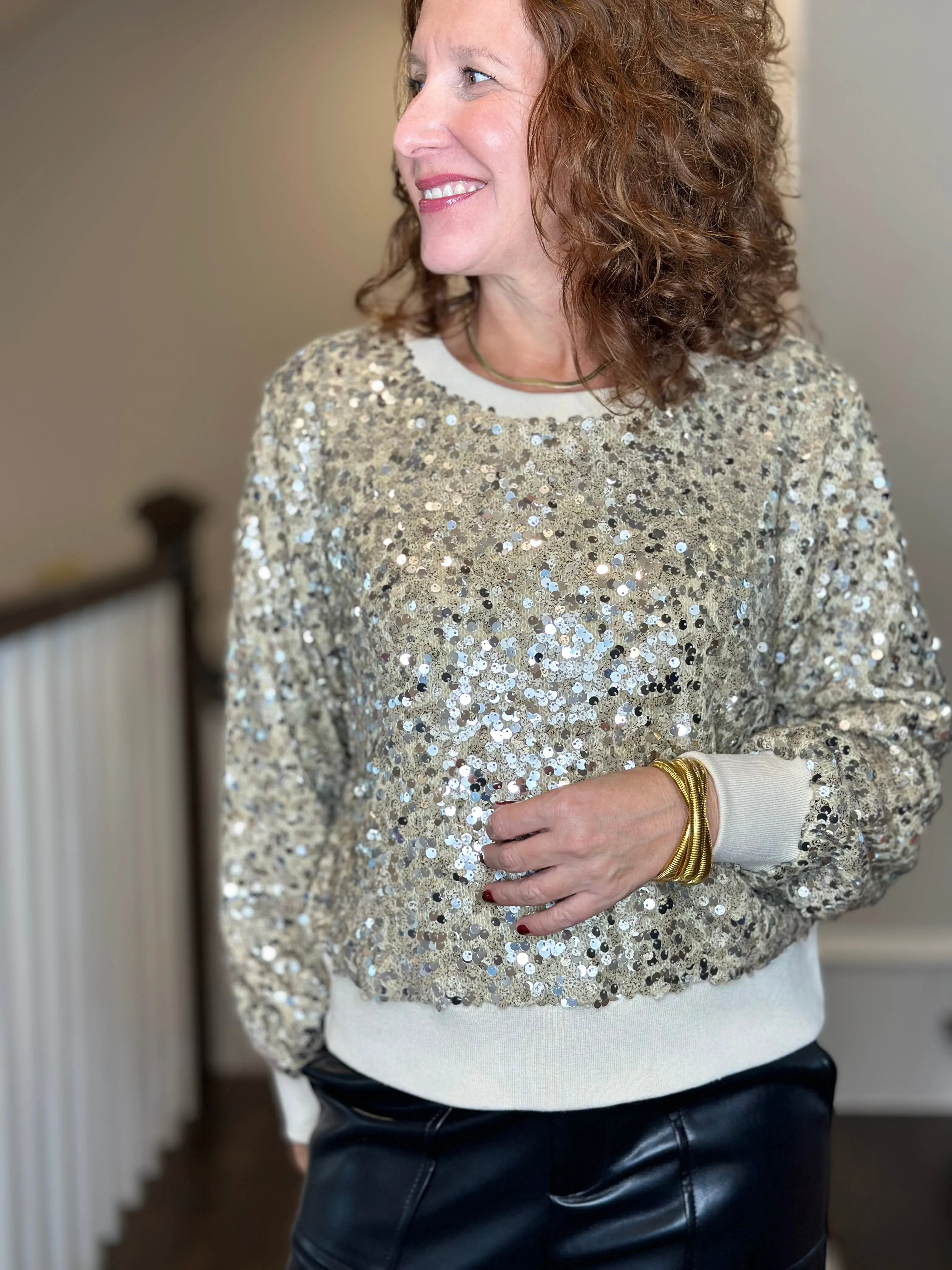 Dylan Paillette Sequin Sweatshirt in Oatmeal