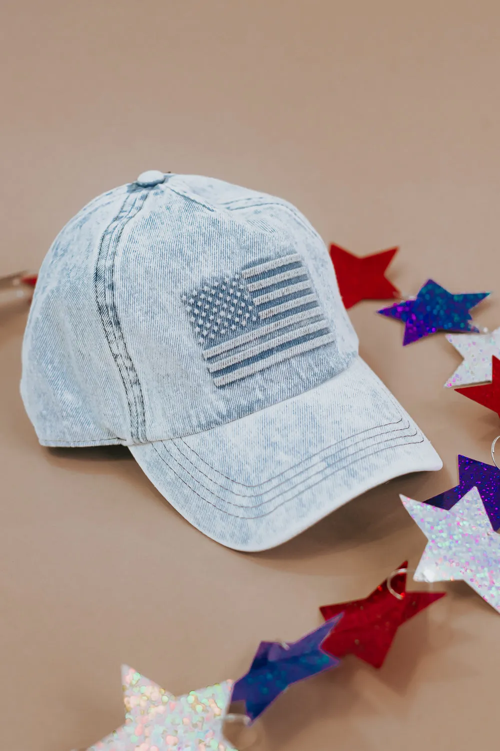 Embossed American Flag Denim Baseball Cap