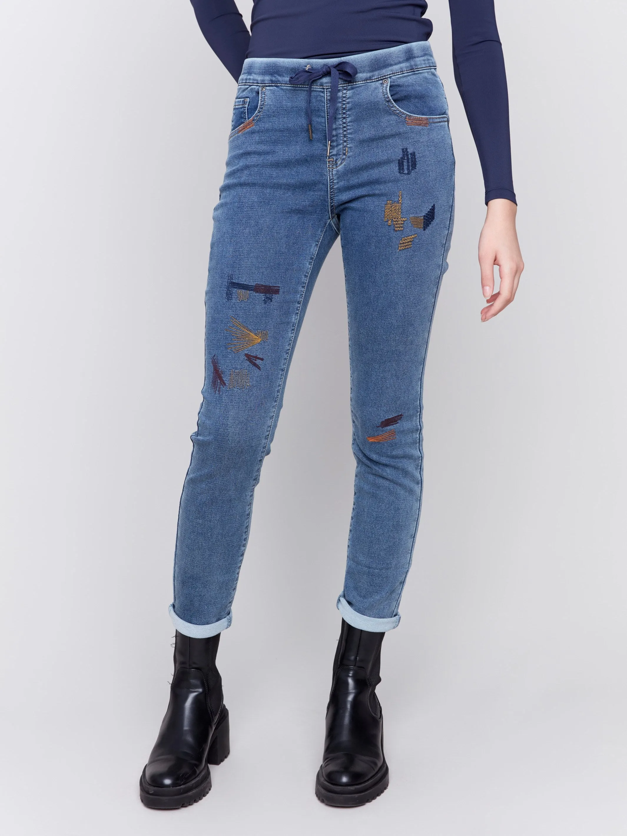 Embroidered Knit Denim Jogger Pants - Medium Blue