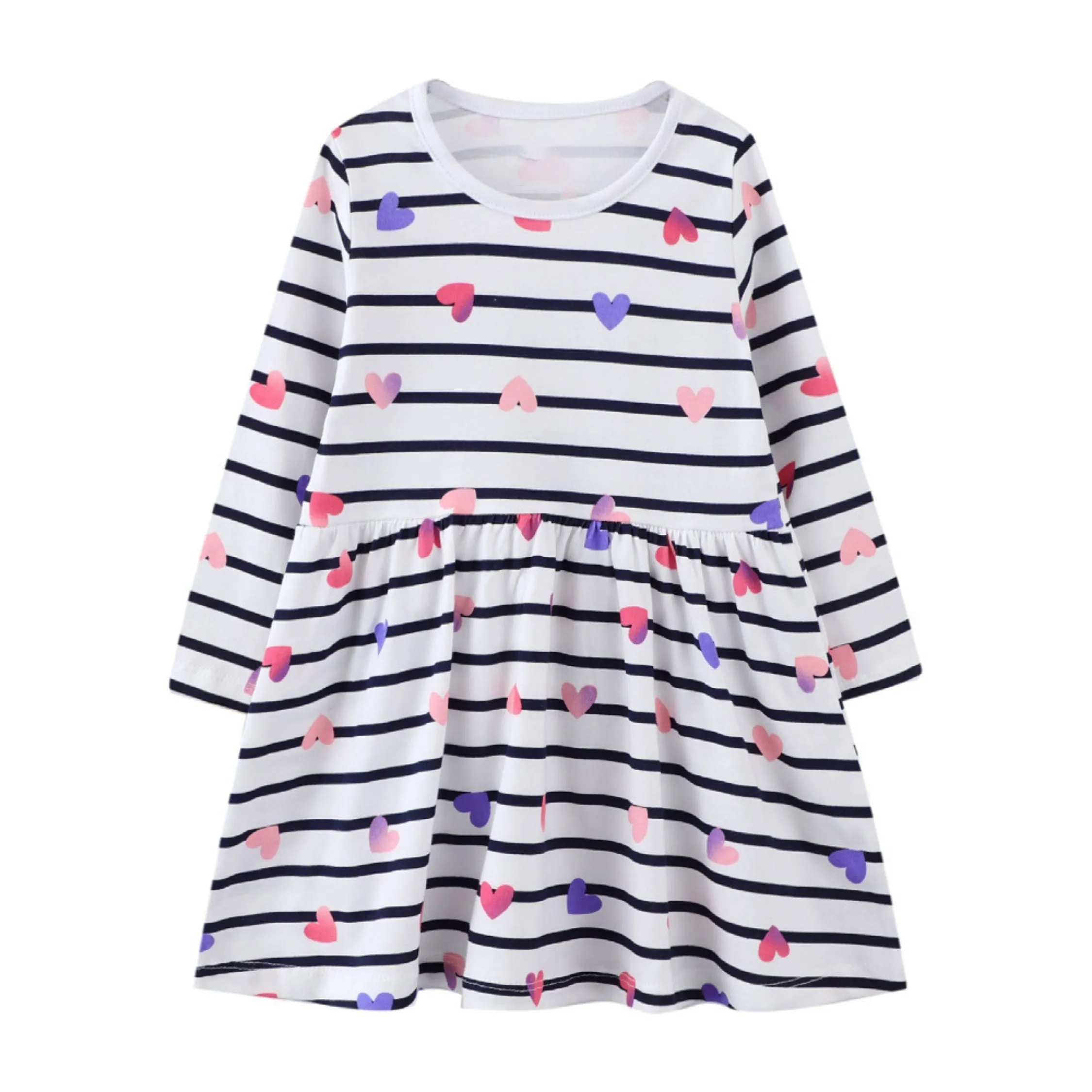 Full Sleeve Beautiful Heart Print Striped Theme Girls Dress, White