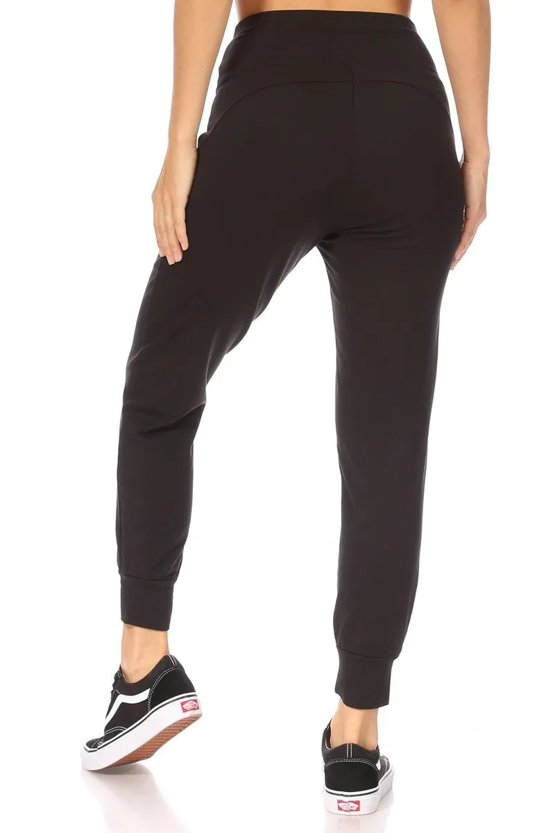 High Waist Soft Brushed Fleece Lined Cropped Joggers - Black