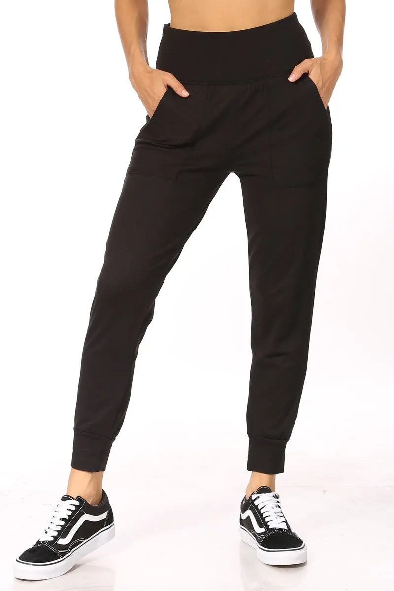 High Waist Soft Brushed Fleece Lined Cropped Joggers - Black