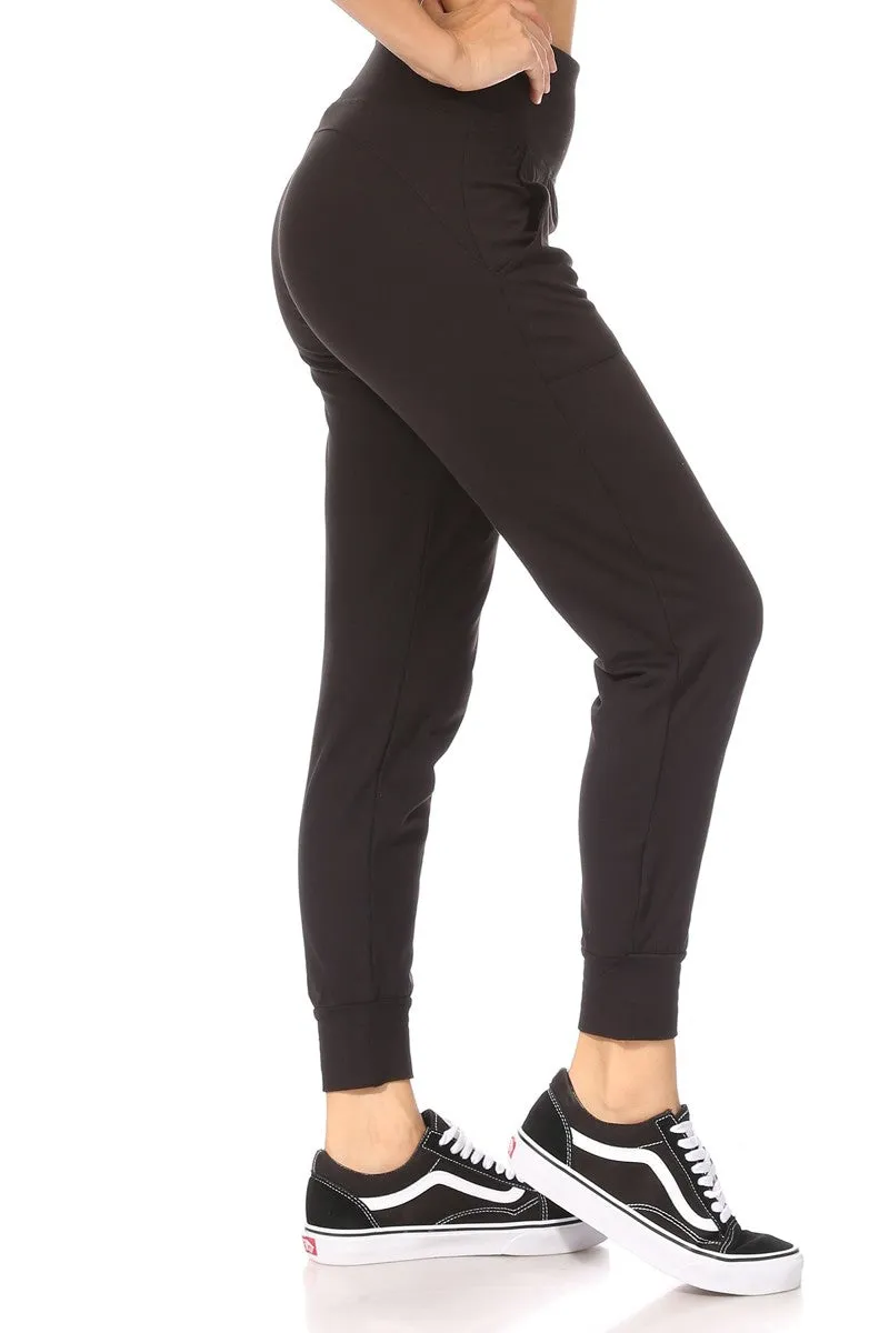 High Waist Soft Brushed Fleece Lined Cropped Joggers - Black