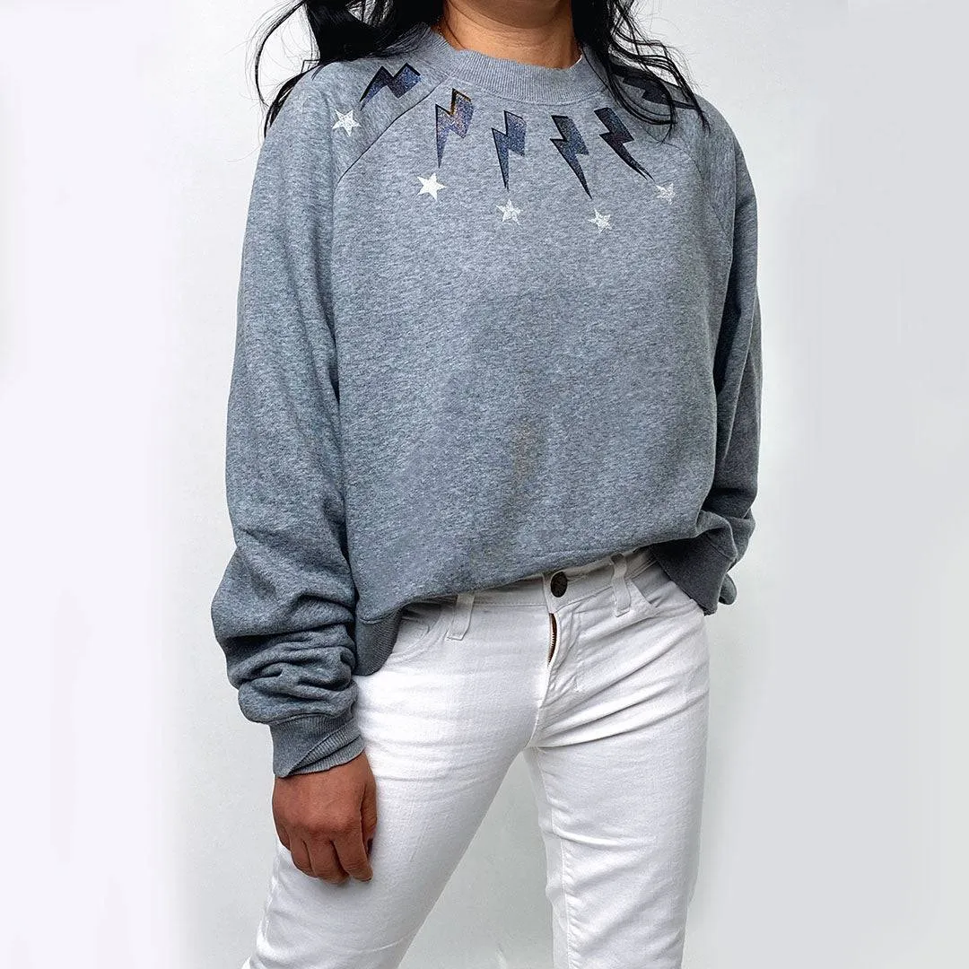 Jack Chic Grey Sweatshirt - Glitter Lightning Bolt & Star Neckline