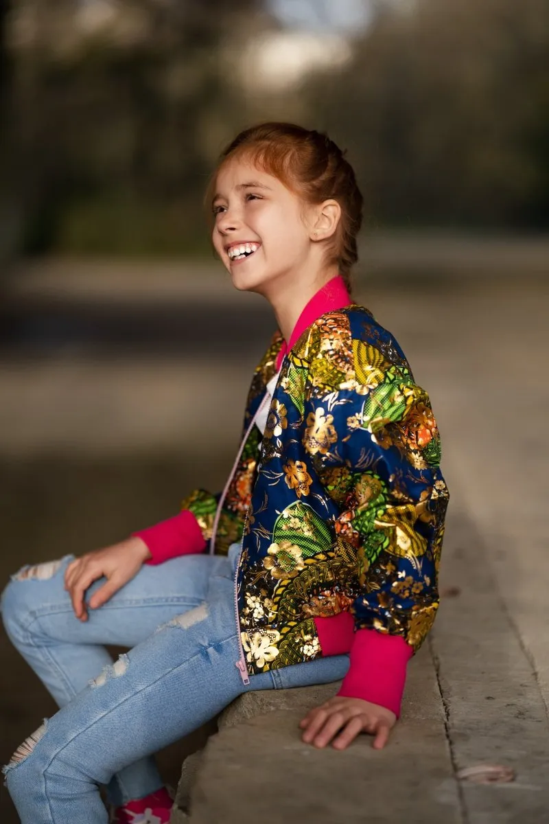 Kids African Bomber Jacket In Metallic Gold Blue