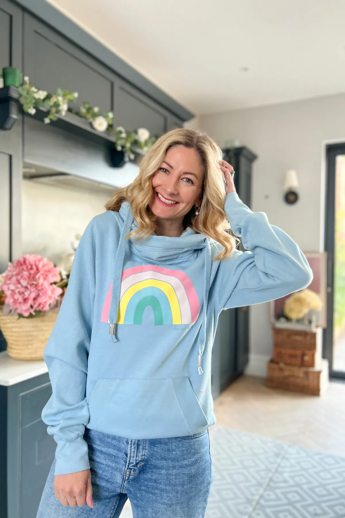 Light Blue Pastel Rainbow Cowl Neck Hoodie