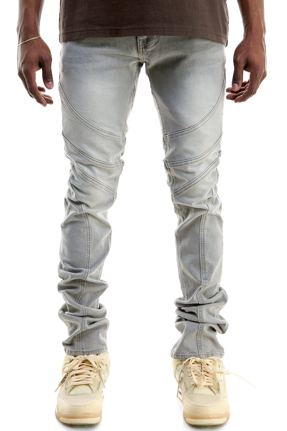 light grey men's stacked jeans in washed stretch denim