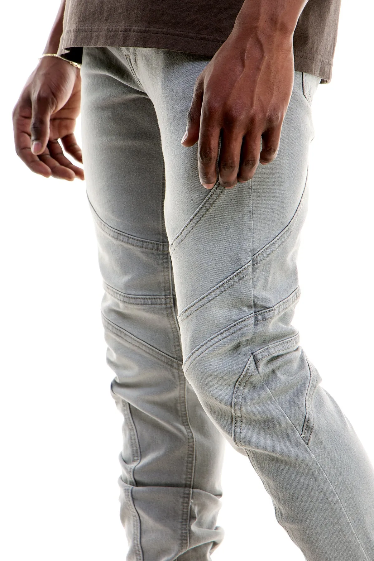 light grey men's stacked jeans in washed stretch denim