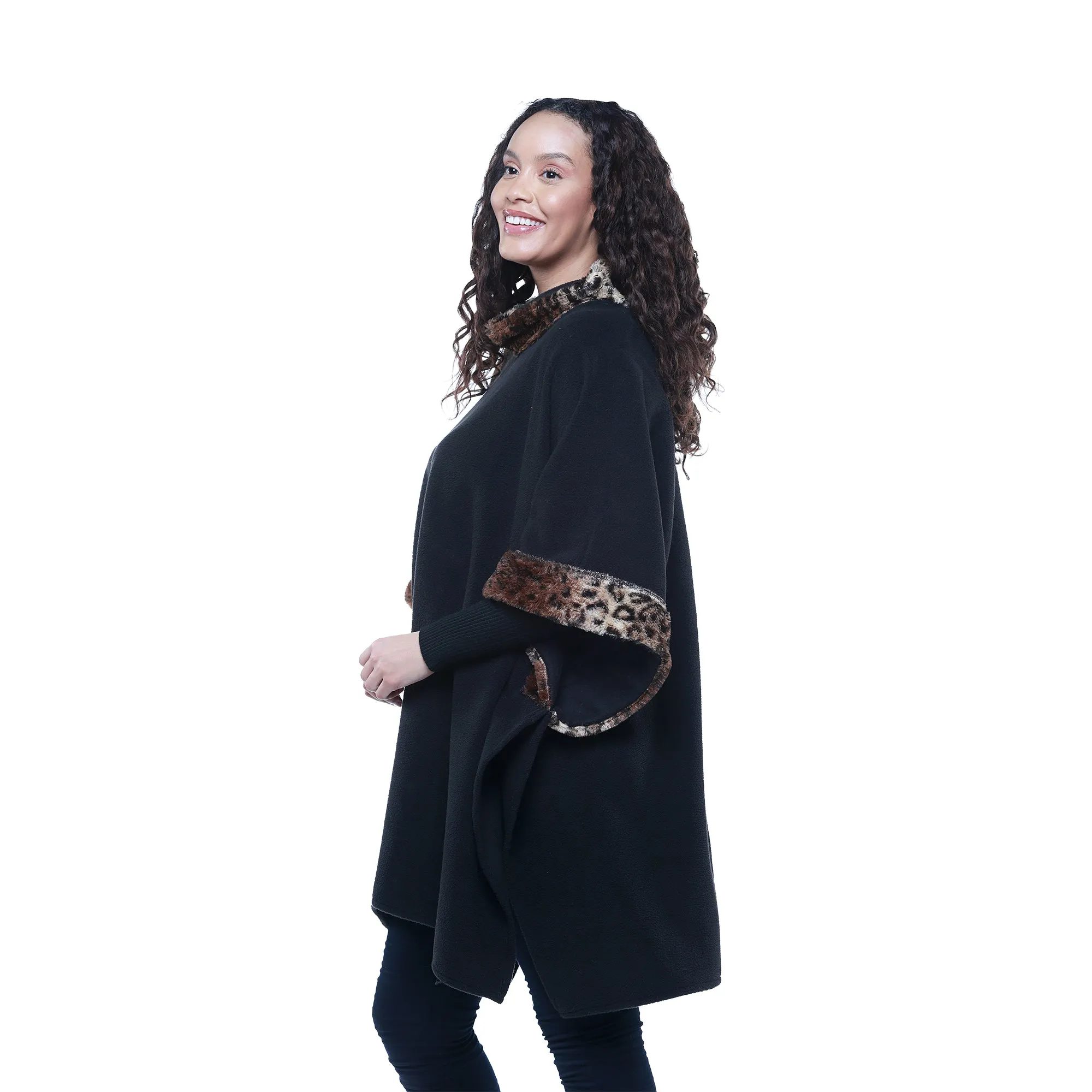 Liza Cozy Coat Fleece Poncho with Faux Fur Trim