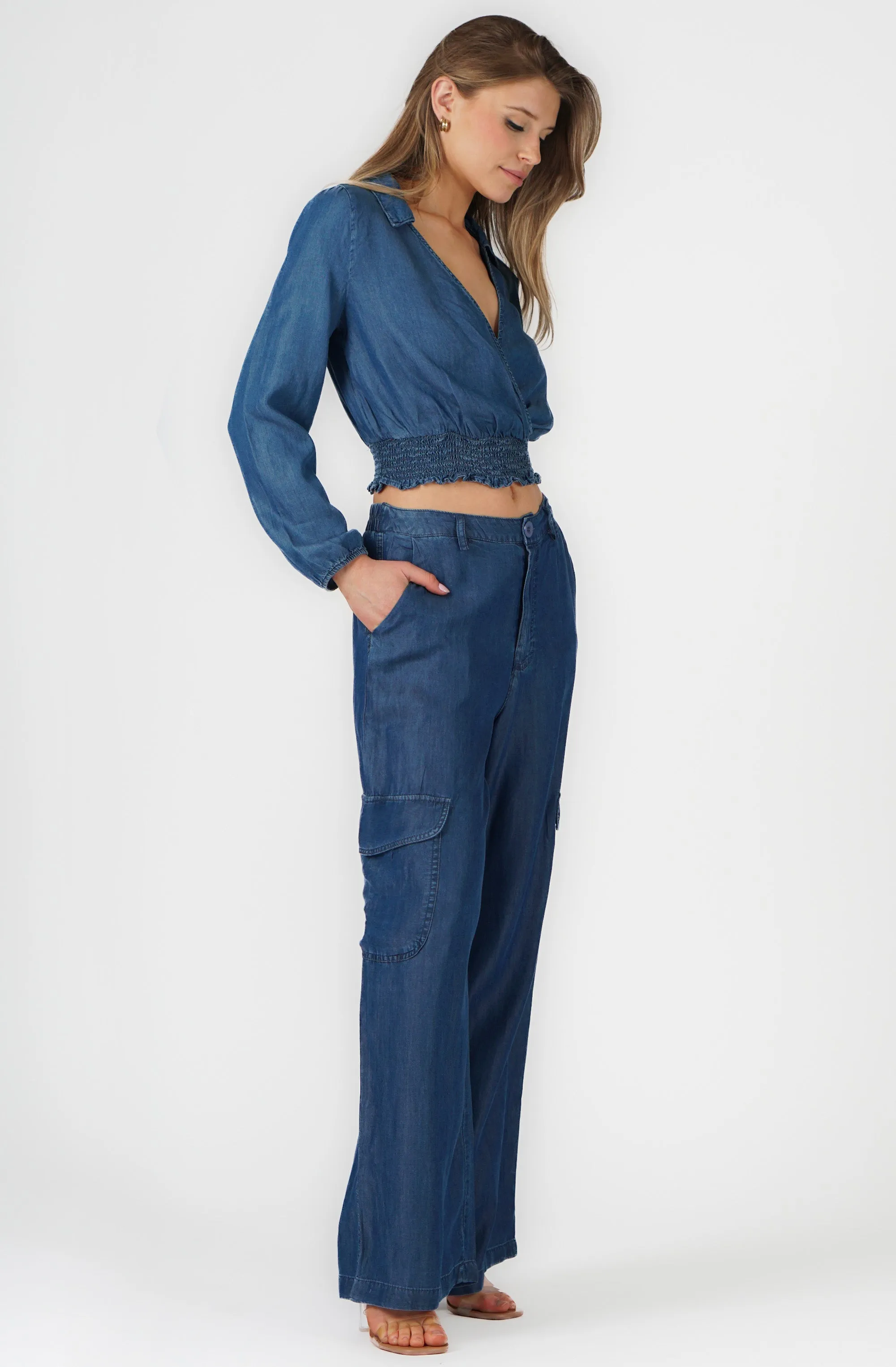 Long Sleeve Faux Wrap Denim Top with Smocked Waistband