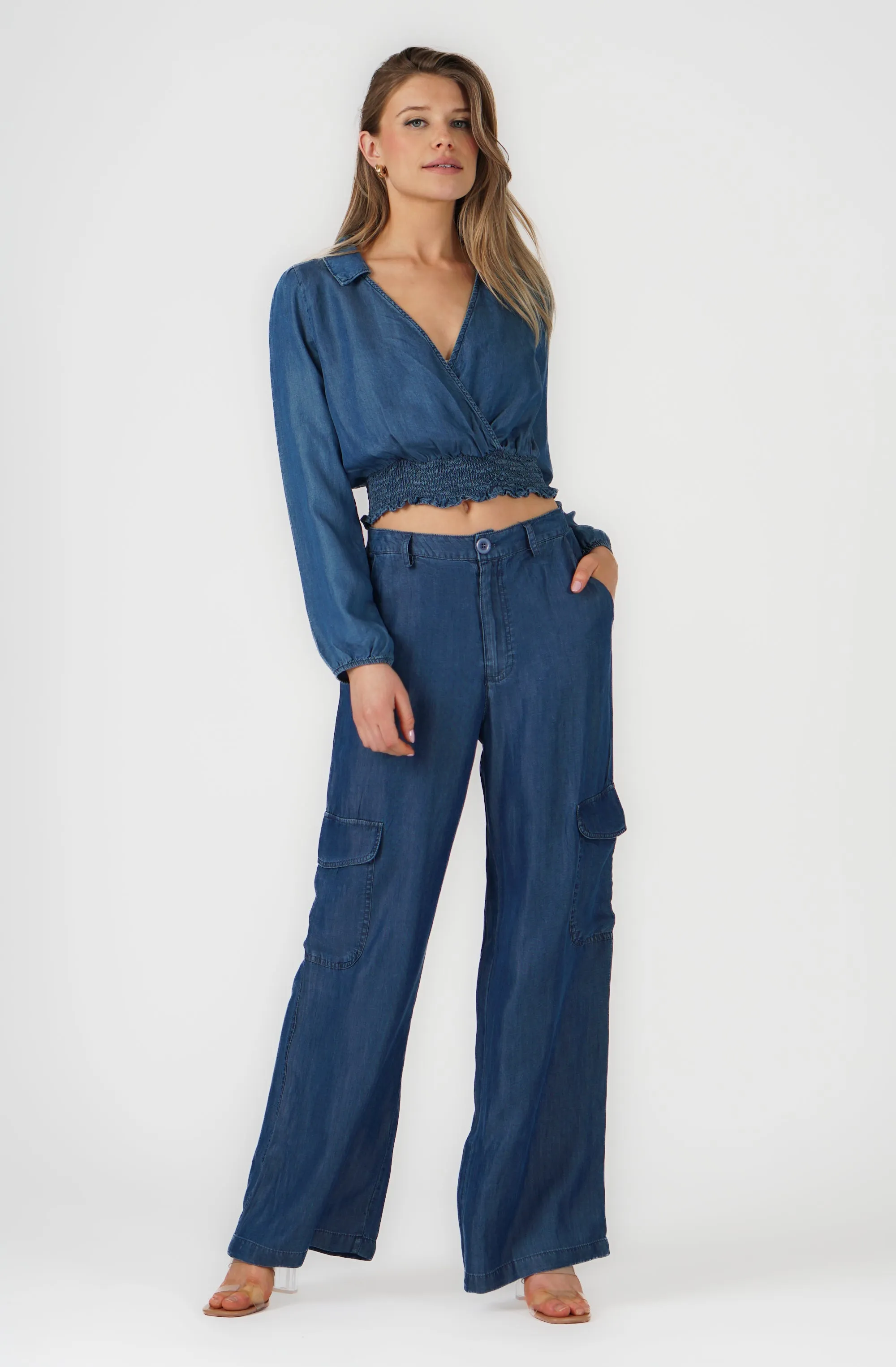 Long Sleeve Faux Wrap Denim Top with Smocked Waistband