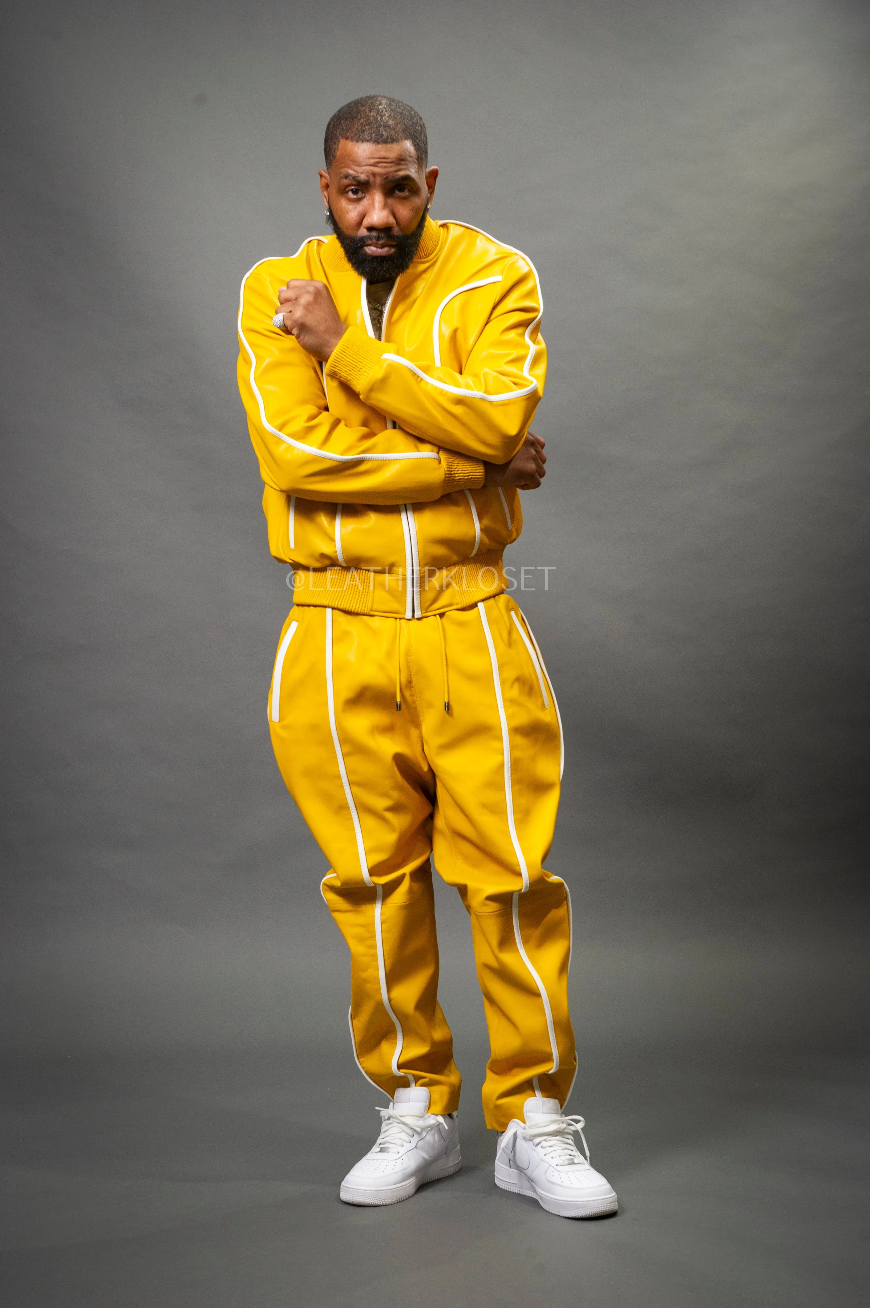 Men's Brayden Leather Track Suit Sweatsuit [Yellow/White]