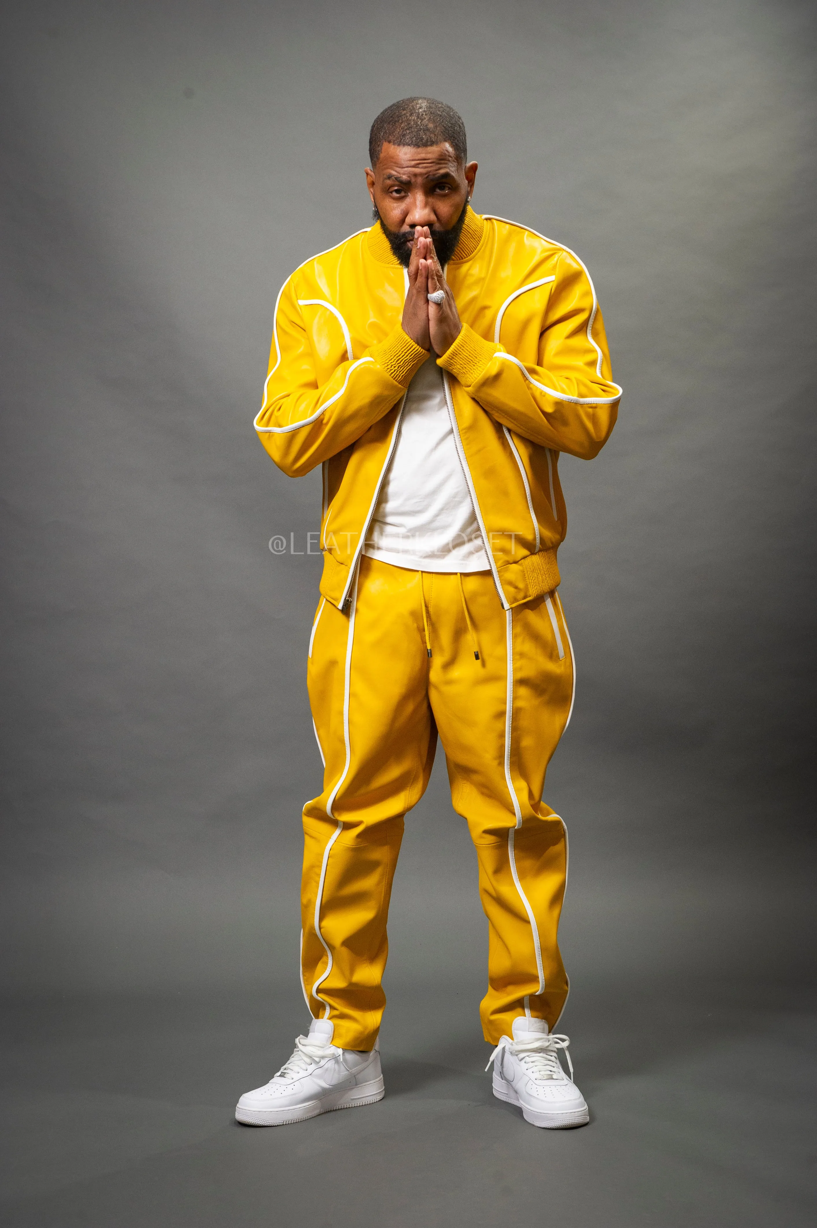 Men's Brayden Leather Track Suit Sweatsuit [Yellow/White]