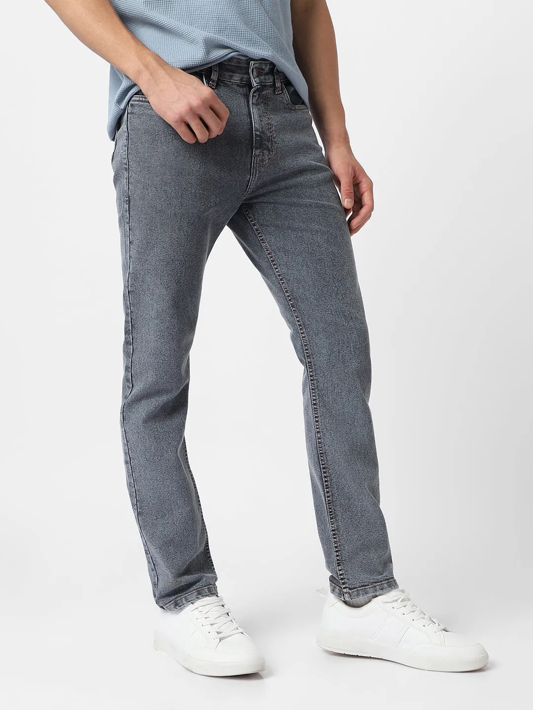 Men's Grey Regular Fit Washed Jeans Stretchable