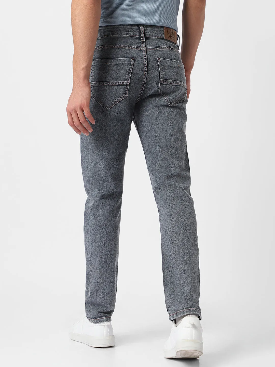 Men's Grey Regular Fit Washed Jeans Stretchable