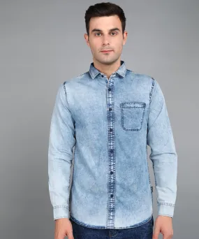 Men's Ice Blue Denim Full Sleeve Slim Fit Washed Casual Shirt