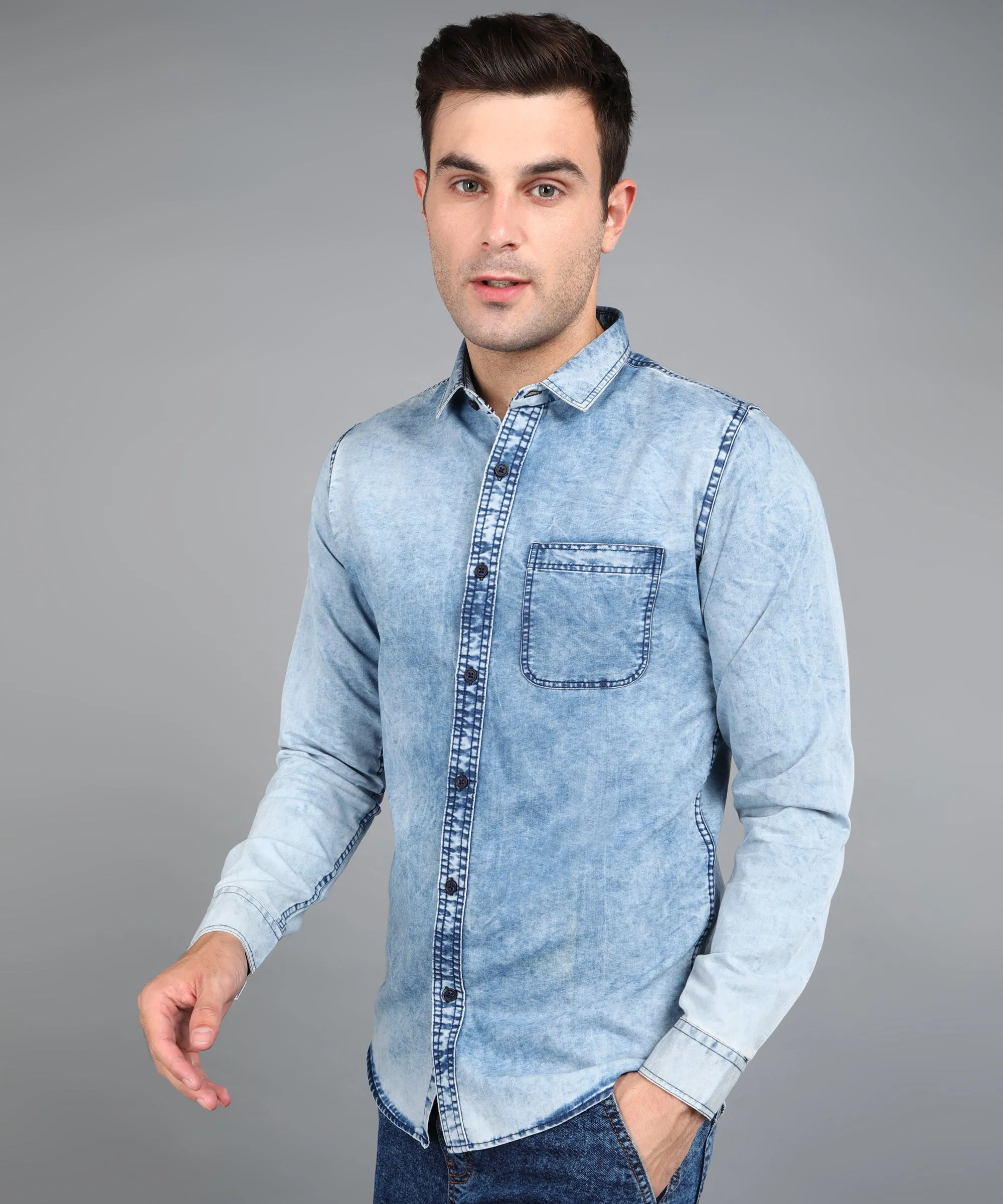 Men's Ice Blue Denim Full Sleeve Slim Fit Washed Casual Shirt