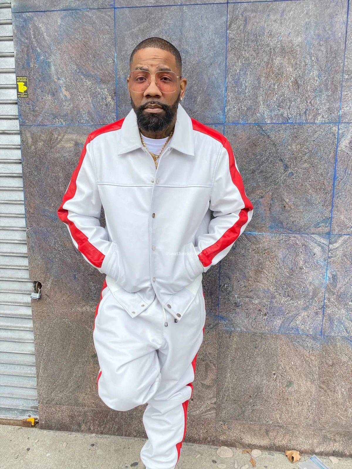 Men's Leather Track Suit Sweatsuit [White/Red]