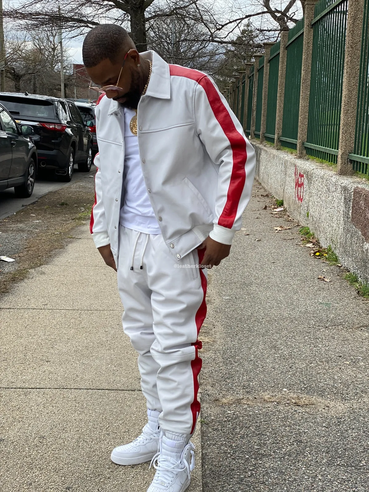 Men's Leather Track Suit Sweatsuit [White/Red]