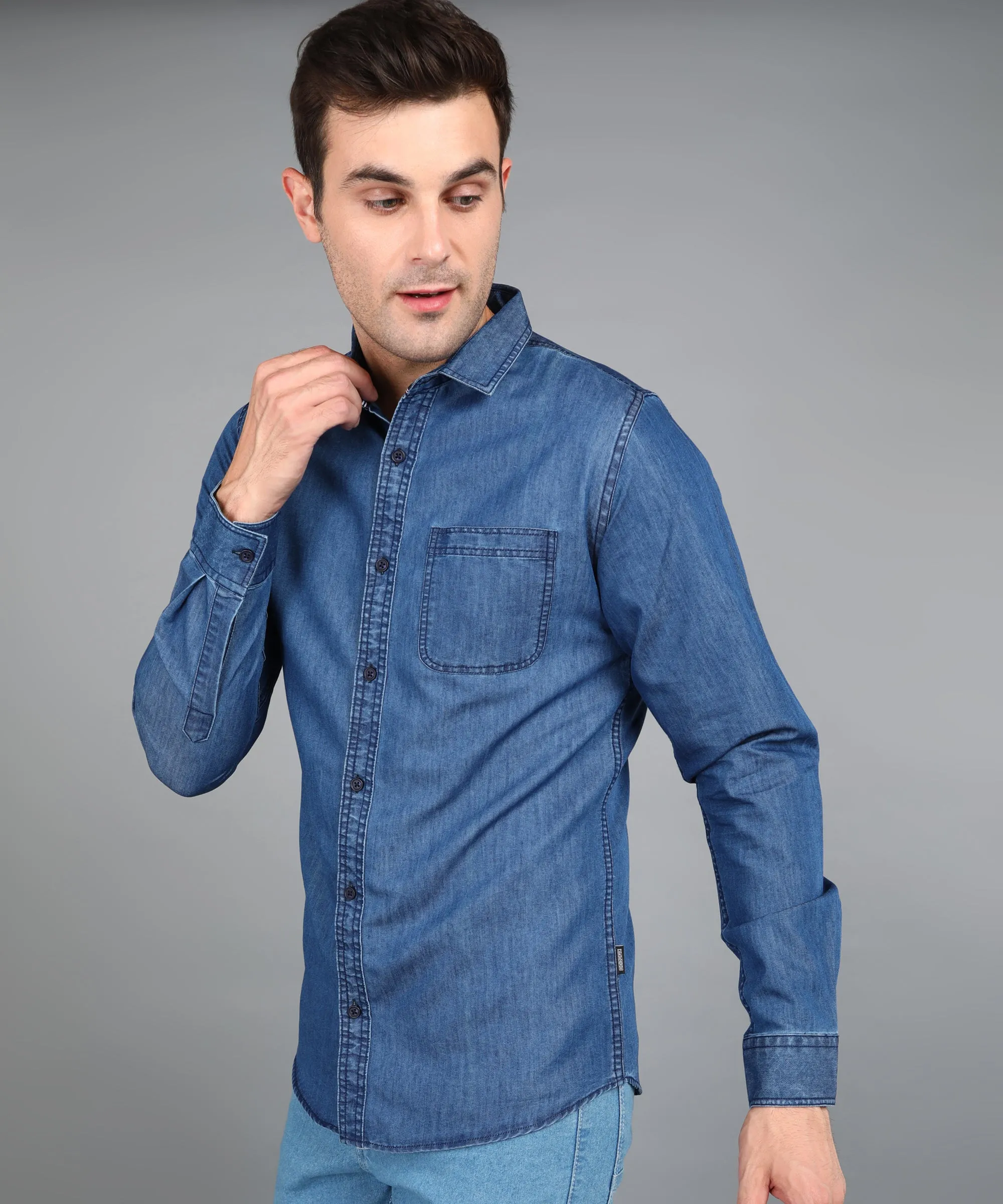 Men's Light Blue Denim Full Sleeve Slim Fit Washed Casual Shirt