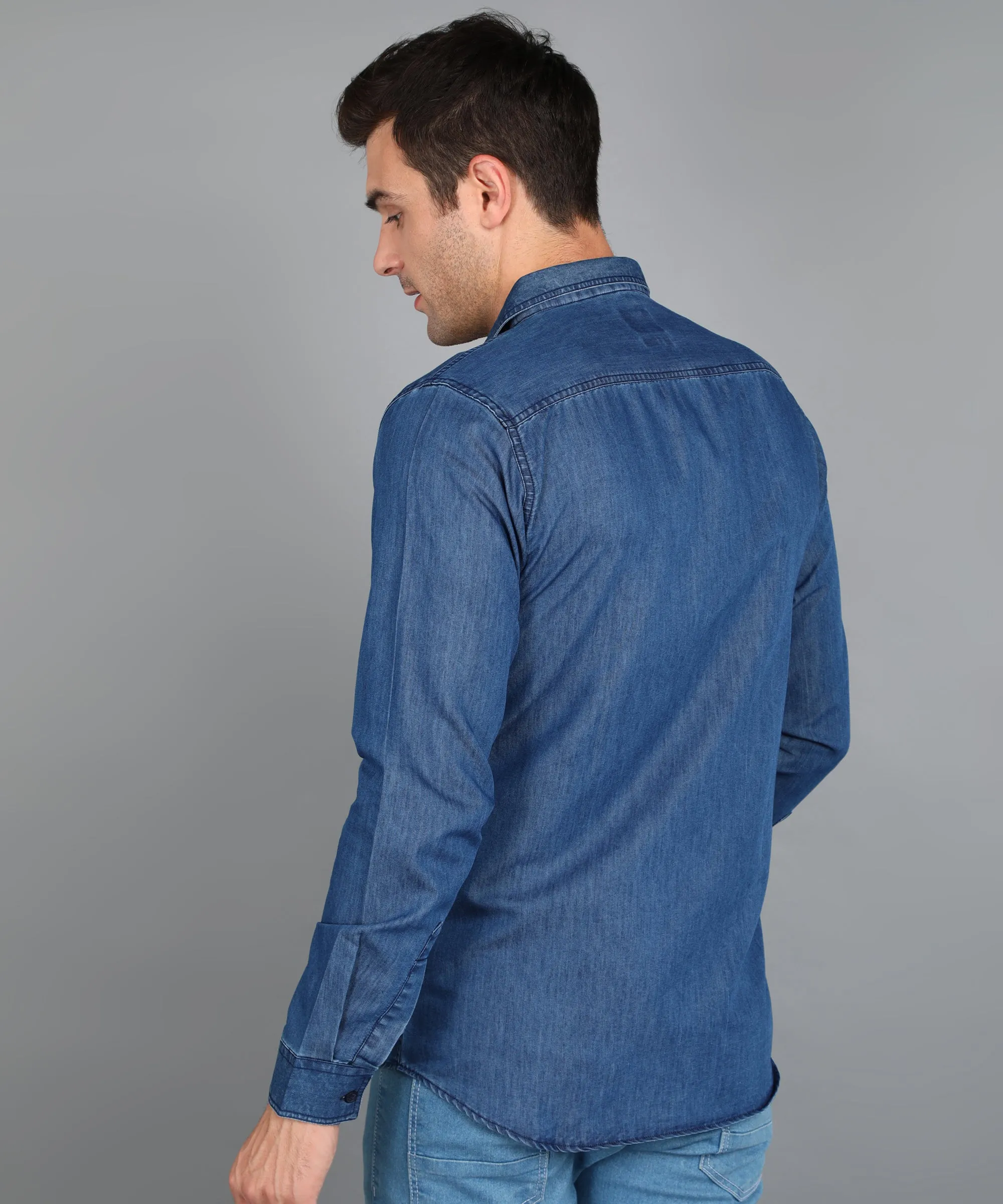 Men's Light Blue Denim Full Sleeve Slim Fit Washed Casual Shirt