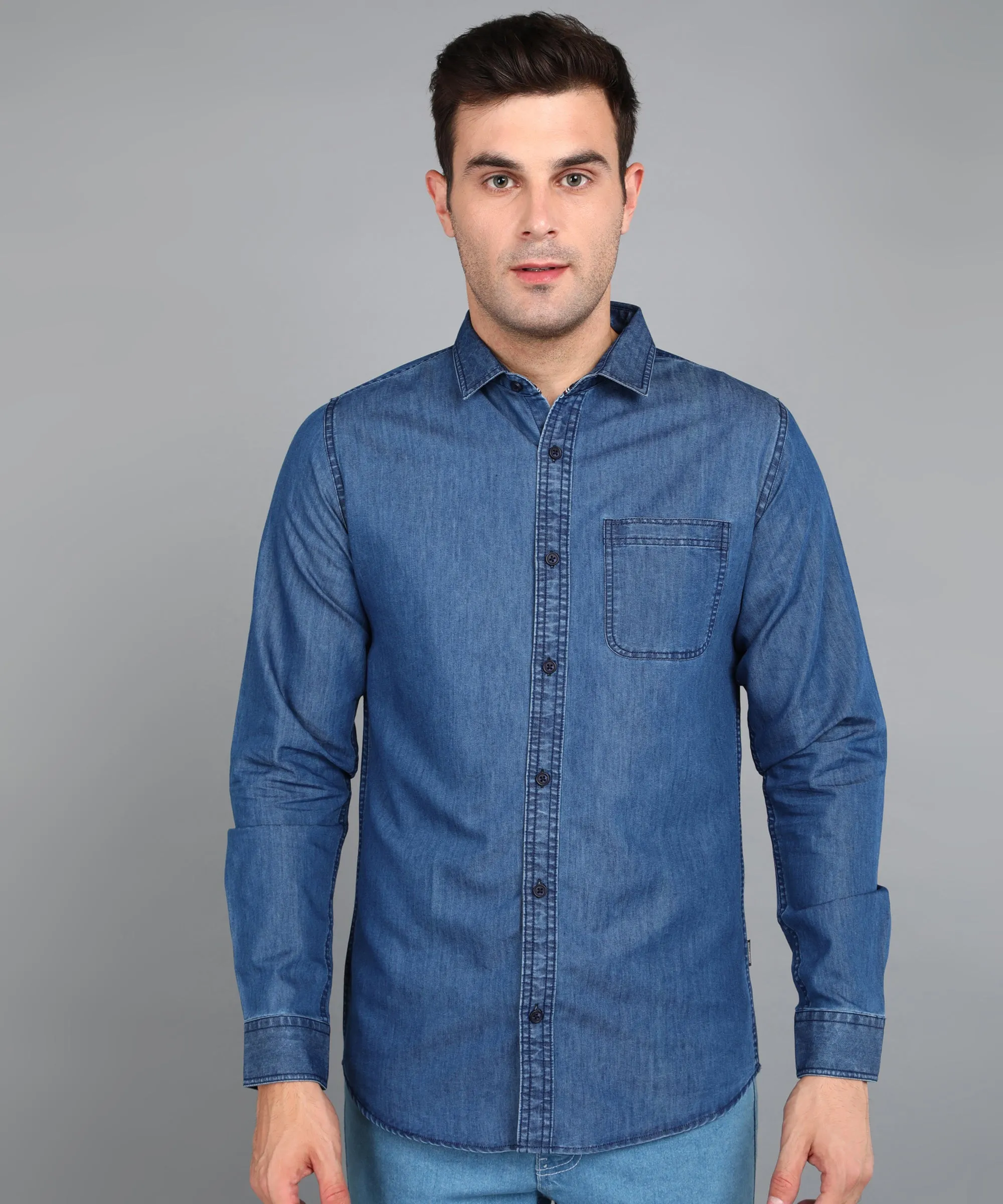 Men's Light Blue Denim Full Sleeve Slim Fit Washed Casual Shirt